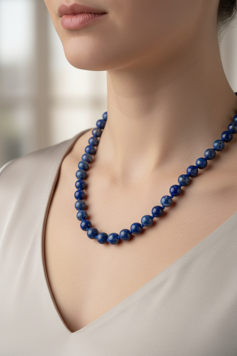 Lapis Lazuli Doğal Taş Kolye – 8 mm Düğümlü, Unisex Tasarım