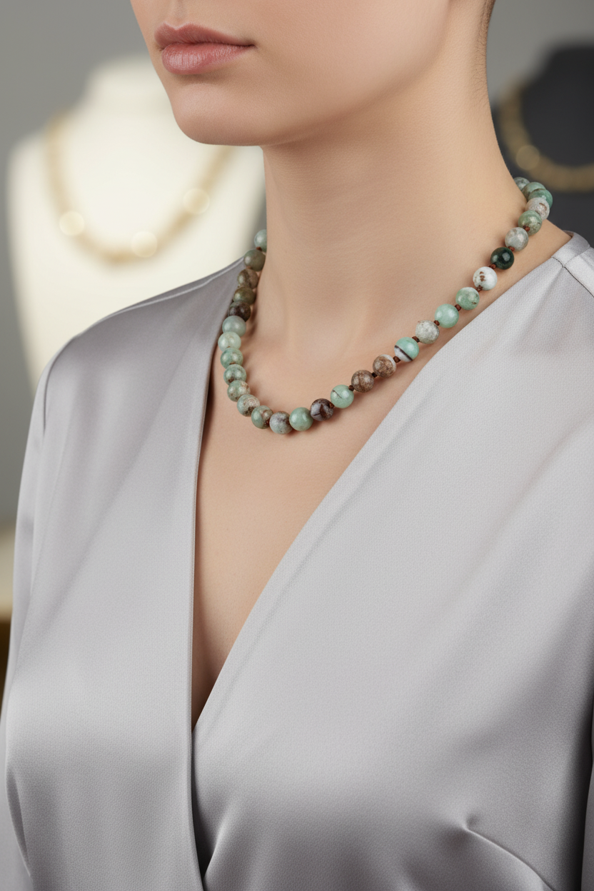 Krizopras Doğal Taş Kolye – 8 mm Düğümlü, Unisex Tasarım