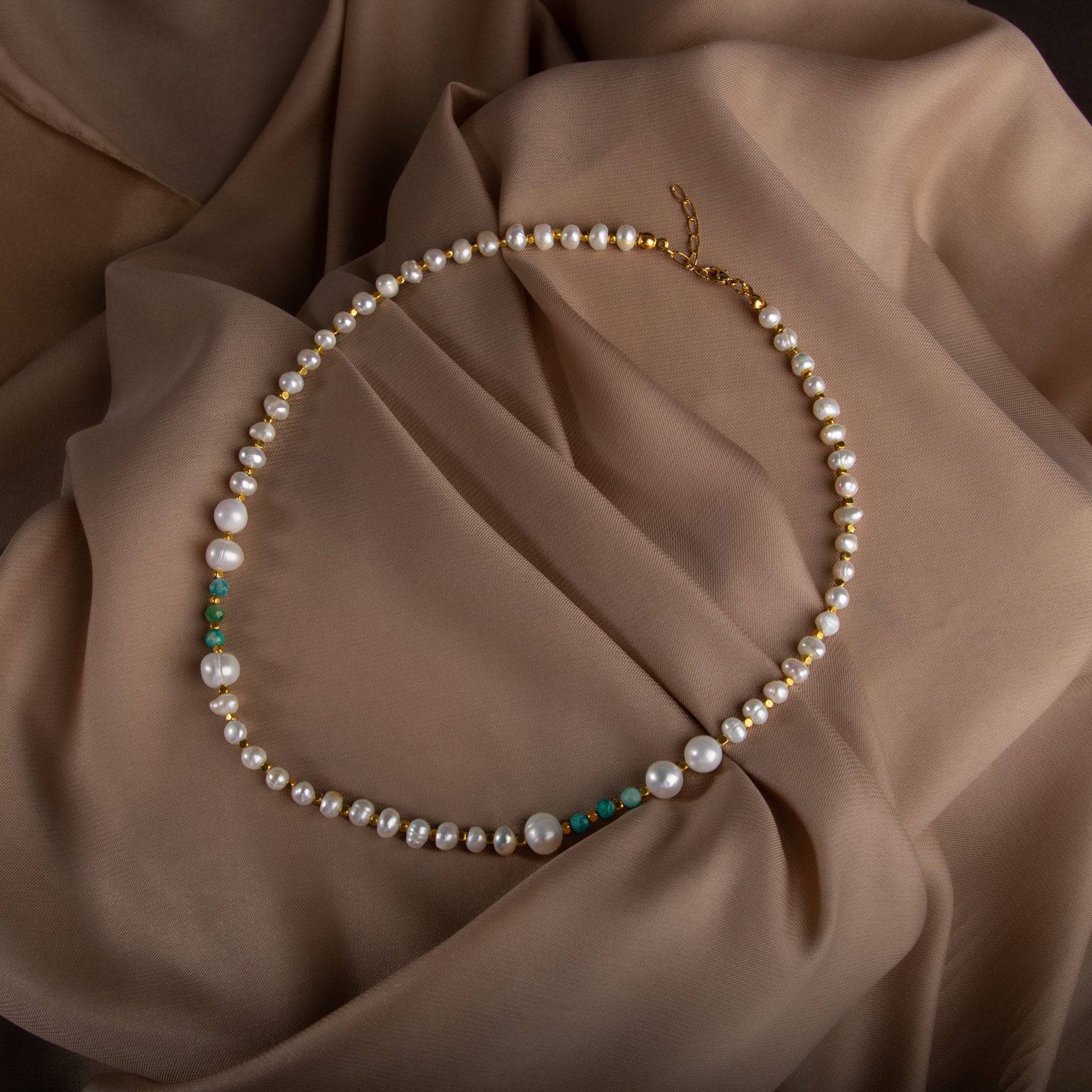 İnci-Amazonit Doğal Taş Altın Kaplama Kapama Kolye