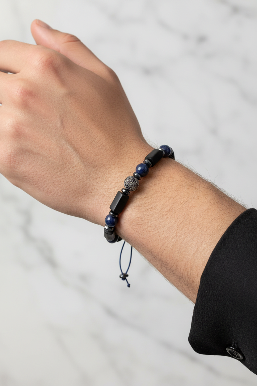 Şungit, Safir ve Hematit Doğal Taş Bileklik – Gümüş Aparatlı Şık Tasarım