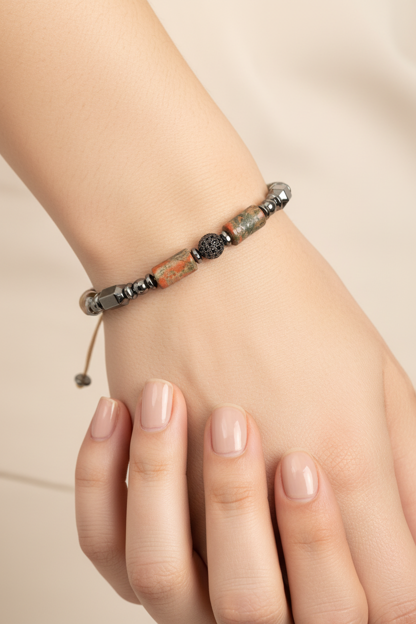 Sertifikalı Unakit & Hematit Doğal Taş Makrome Bileklik | Pirtash | Özel Üretim