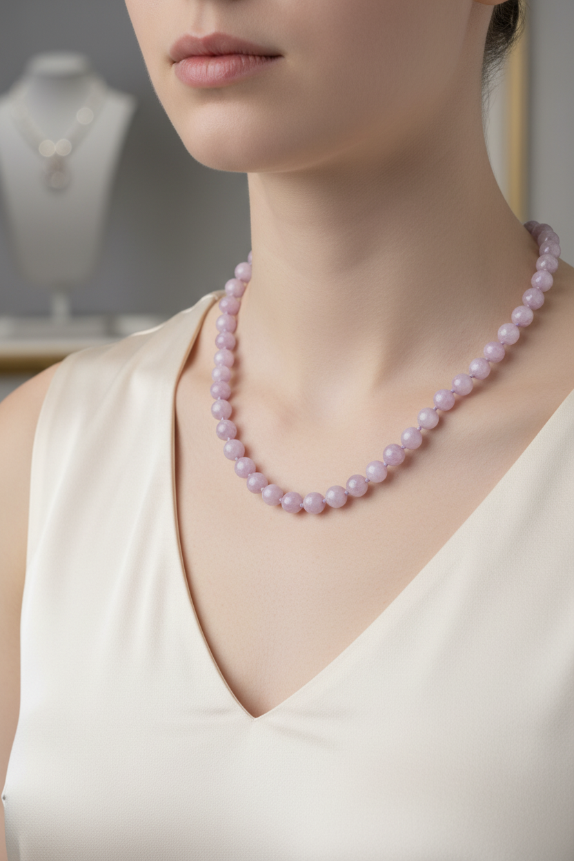 Kunzit Doğal Taş Kolye – 8 mm Düğümlü, Unisex Tasarım