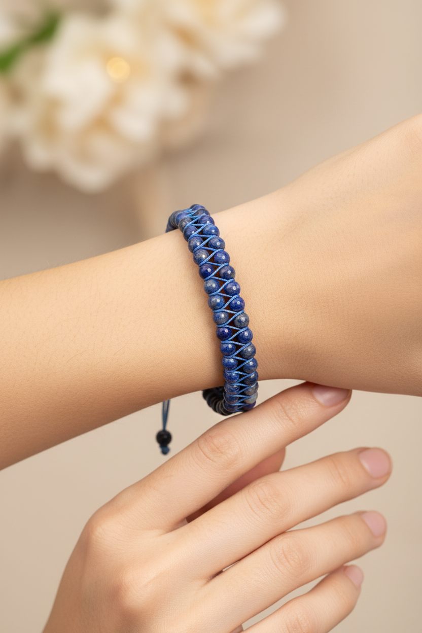 Sertifikalı Lapis Lazuli Doğal Taş Çift Sıra Makrome Bileklik – 4 mm | Pirtash | Özel Üretim