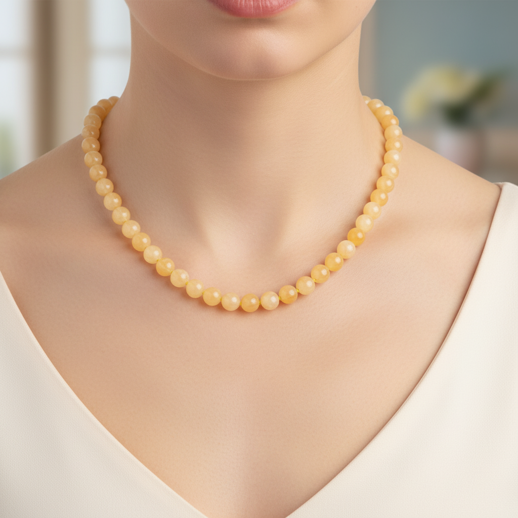 Kalsit Doğal Taş Kolye – 8 mm Düğümlü, Unisex Tasarım