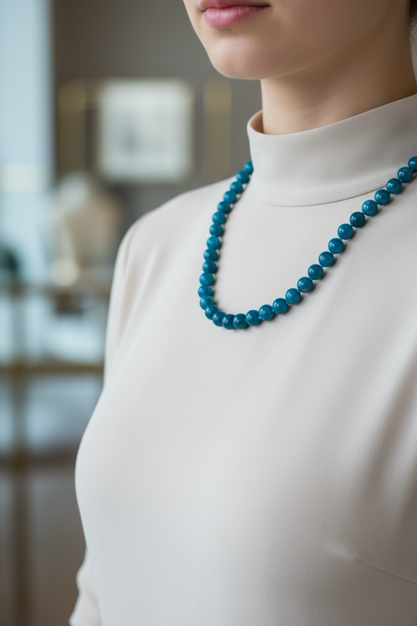 Mavi Apatit Doğal Taş Kolye – 8 mm Düğümlü, Unisex Tasarım