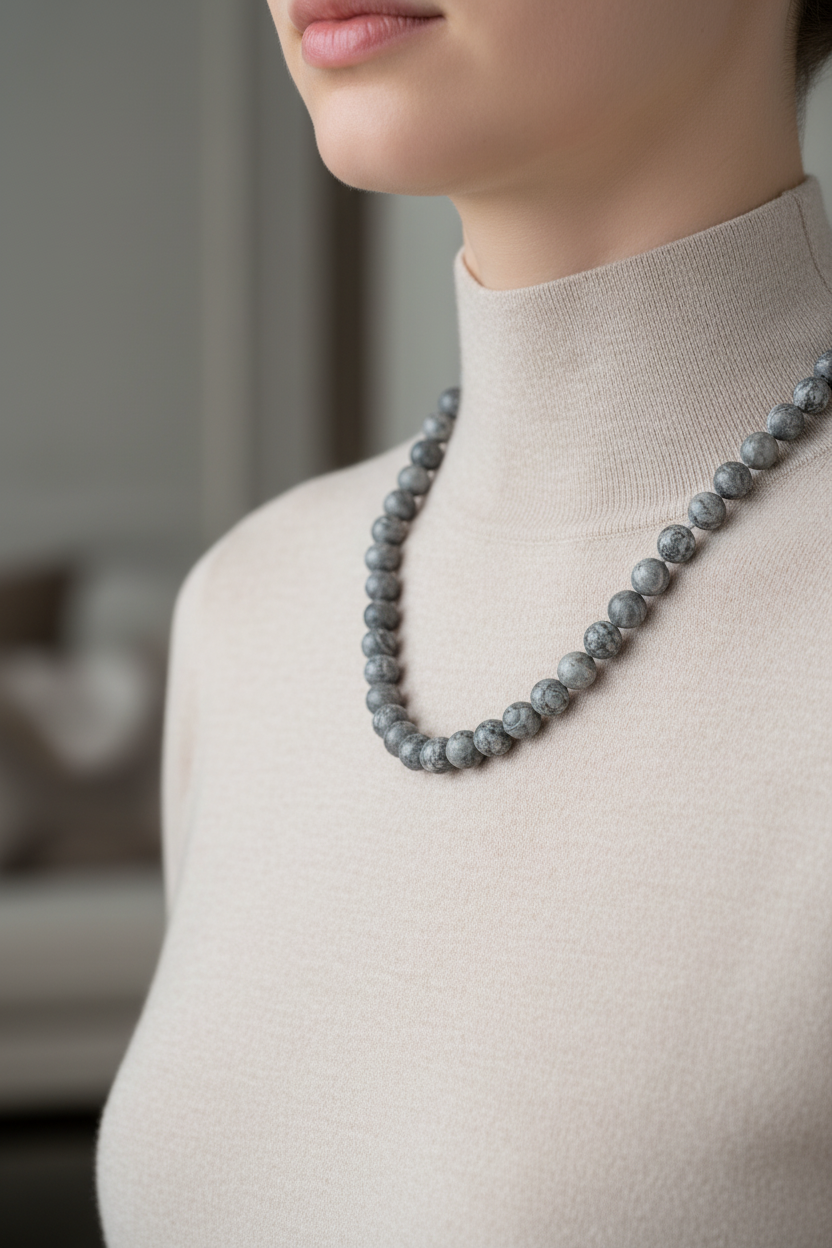 Gri Jasper Doğal Taş Kolye – 8 mm Düğümlü, Unisex Tasarım