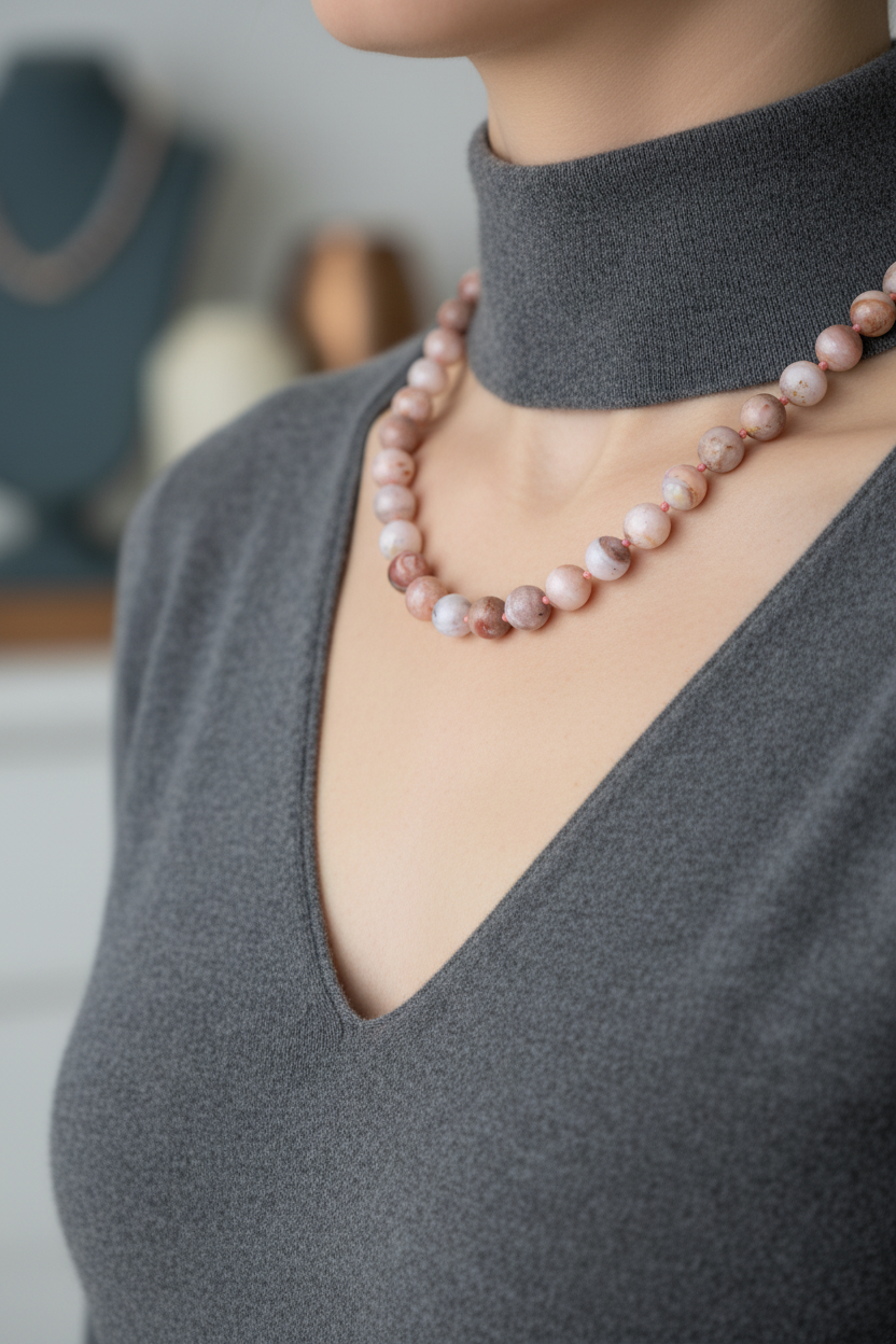 Pembe Opal Doğal Taş Kolye – 8 mm Düğümlü, Unisex Tasarım