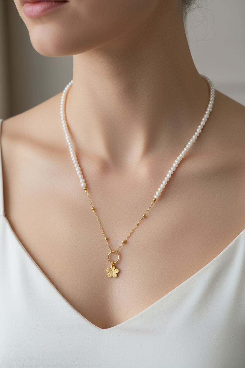 İnci Doğal Taş 925 Ayar Gümüş Çiçek Motifli Kolye – Özel Tasarım