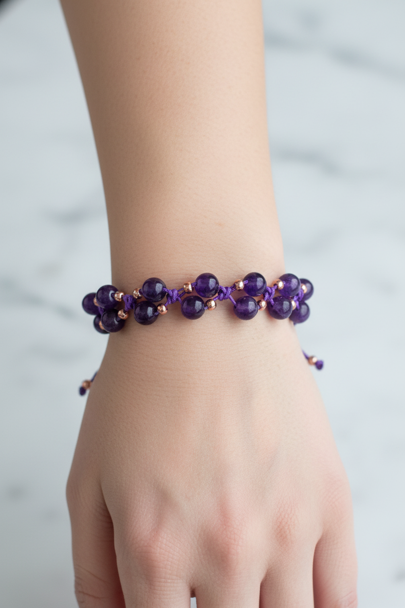 Ametist Doğal Taş Merdiven Kapama İpli Bileklik – Ayarlanabilir Tasarım