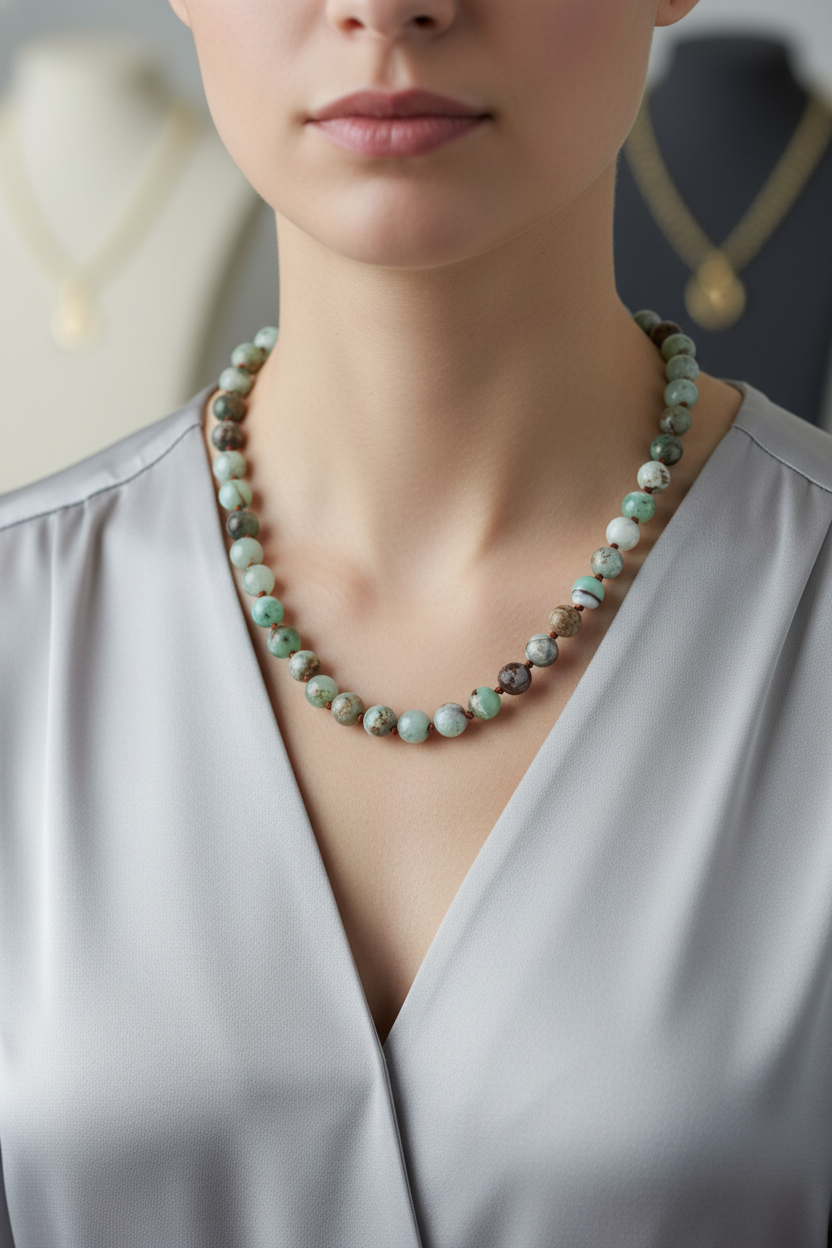 Krizopras Doğal Taş Kolye – 8 mm Düğümlü, Unisex Tasarım