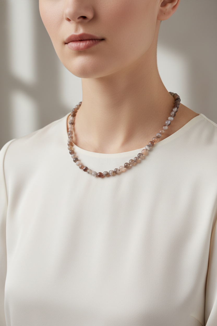 Botswana Akiği 6 mm Düğümlü Doğal Taş Kolye – Unisex El İşçiliği