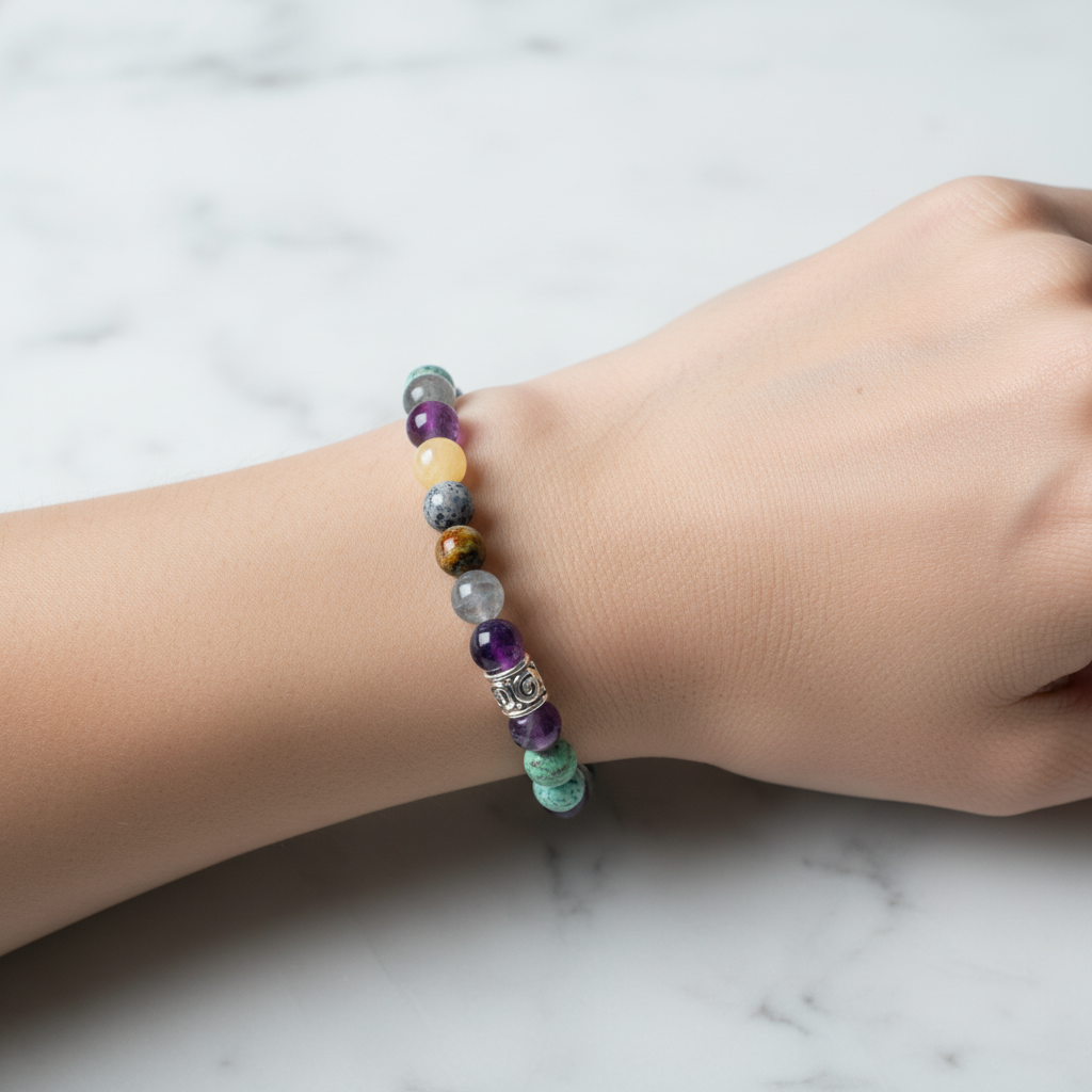 Yay Burcu Doğal Taş Bileklik – Ametist, Dumortierit, İspanyol Varisit, Kalsit ve Labradorit