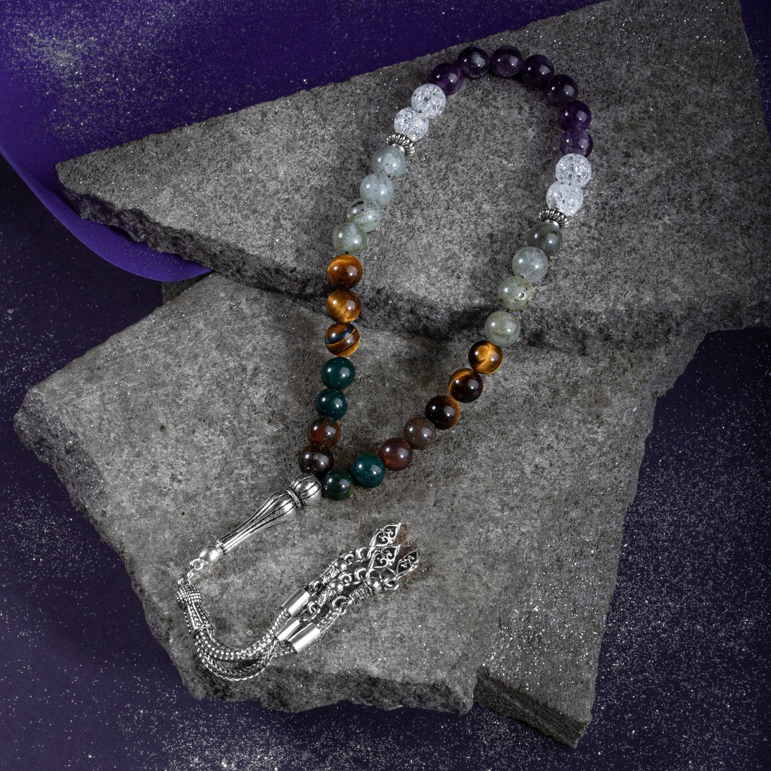 Balık Burcu Tesbih Ametist, Kan Taşı, Kaplan Gözü, Labradorit, Necef