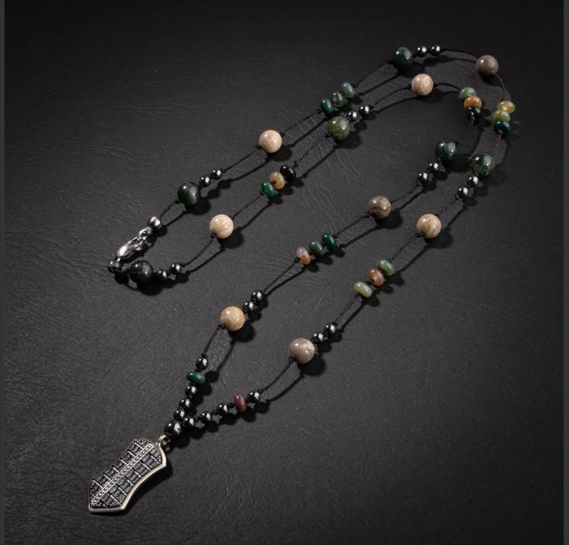 Erkek Kolyesi Fosil Mercan-Hint Akik-hematit Doğal Taş Gümüş Tasarım Kolye