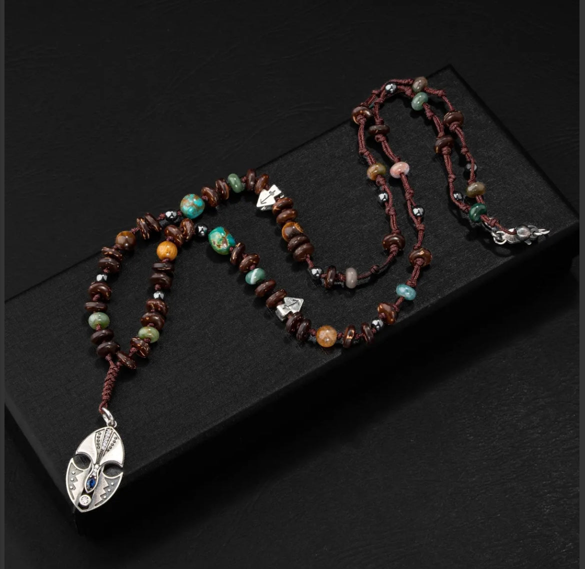 Erkek Kolyesi Hindistan Cevizi Kabuğu-turkuaz-kaplan Gözü-hint Akik-hematit Doğal Taş Gümüş Tasarım Kolye