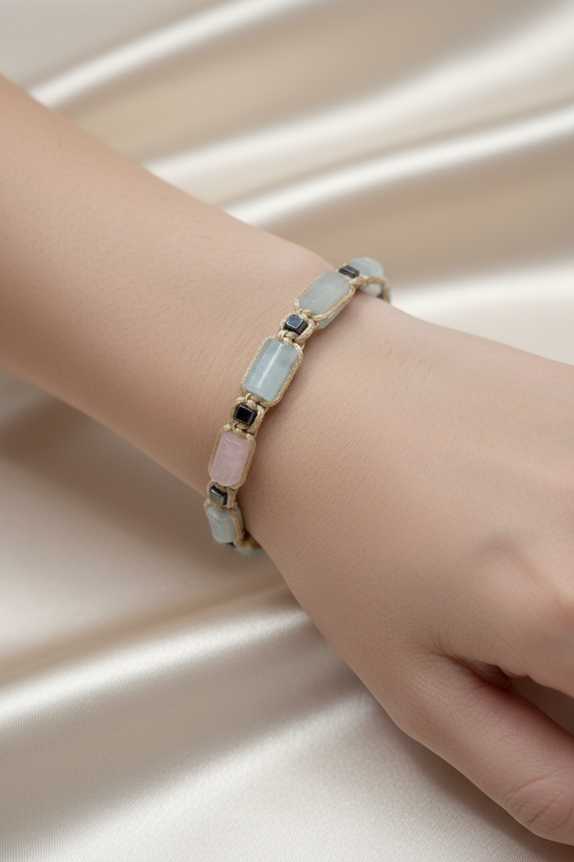 Heliodor ve Hematit Doğal Taş Bileklik – İpli Köşeli Makrome Model, Unisex Tasarım