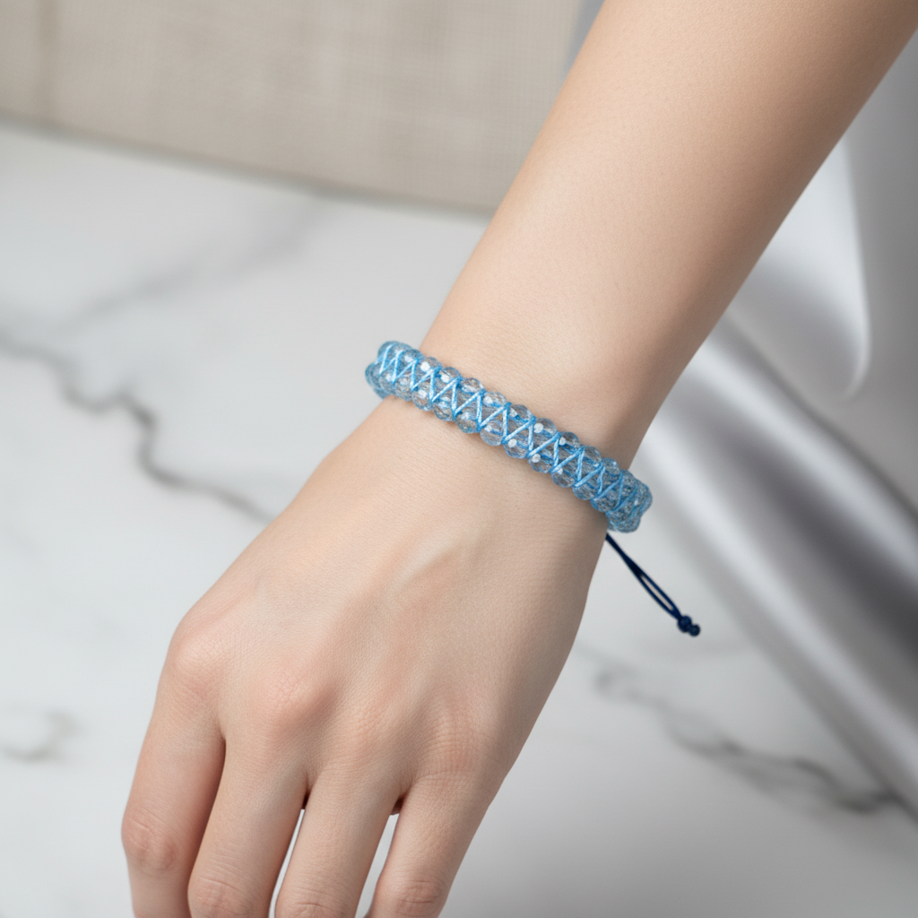 Akuamarin 3-4mm Çift Sıra Doğal Taş Makrome Bileklik – El İşçiliği
