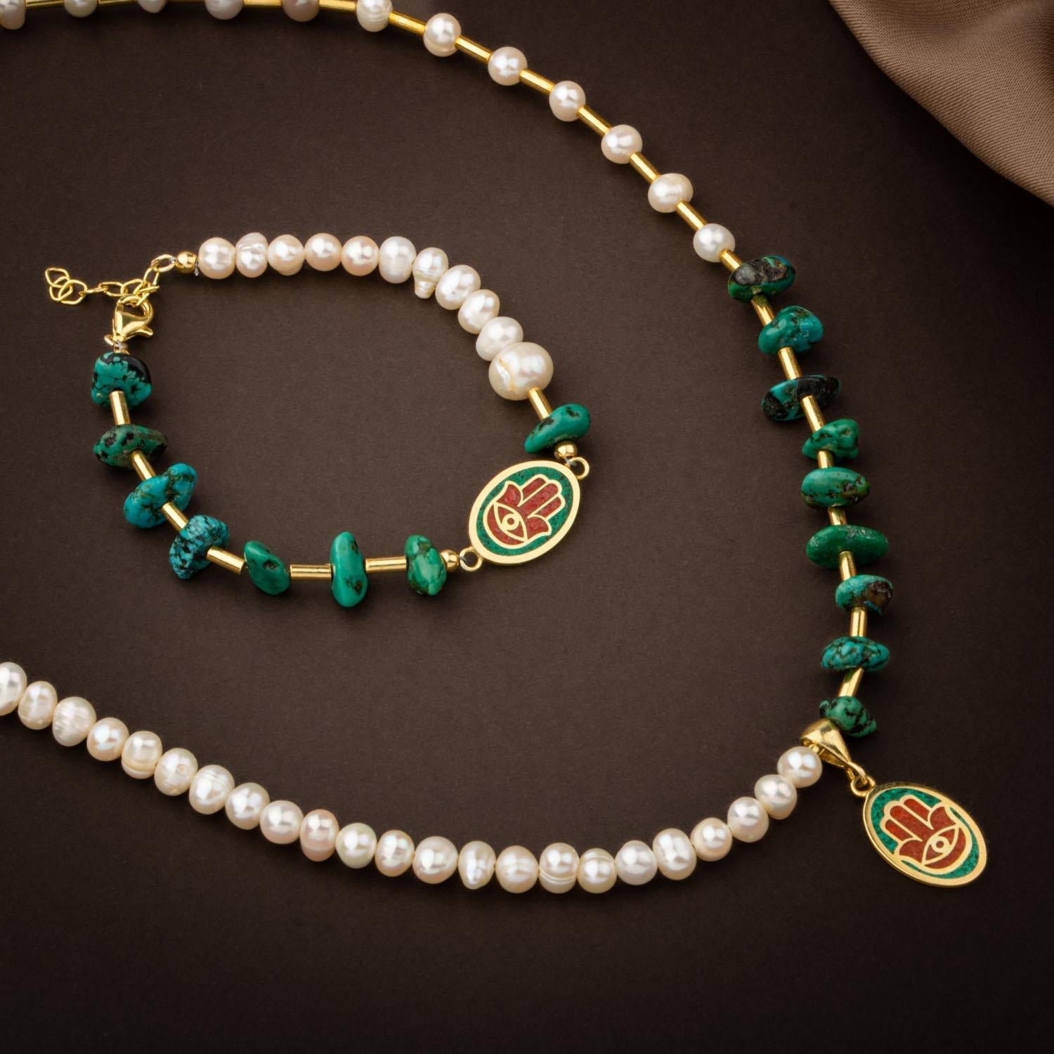 Mozaik Turkuaz Firuza Taşlı-İnci Doğal Taş Gümüş Kolye Bileklik Seti