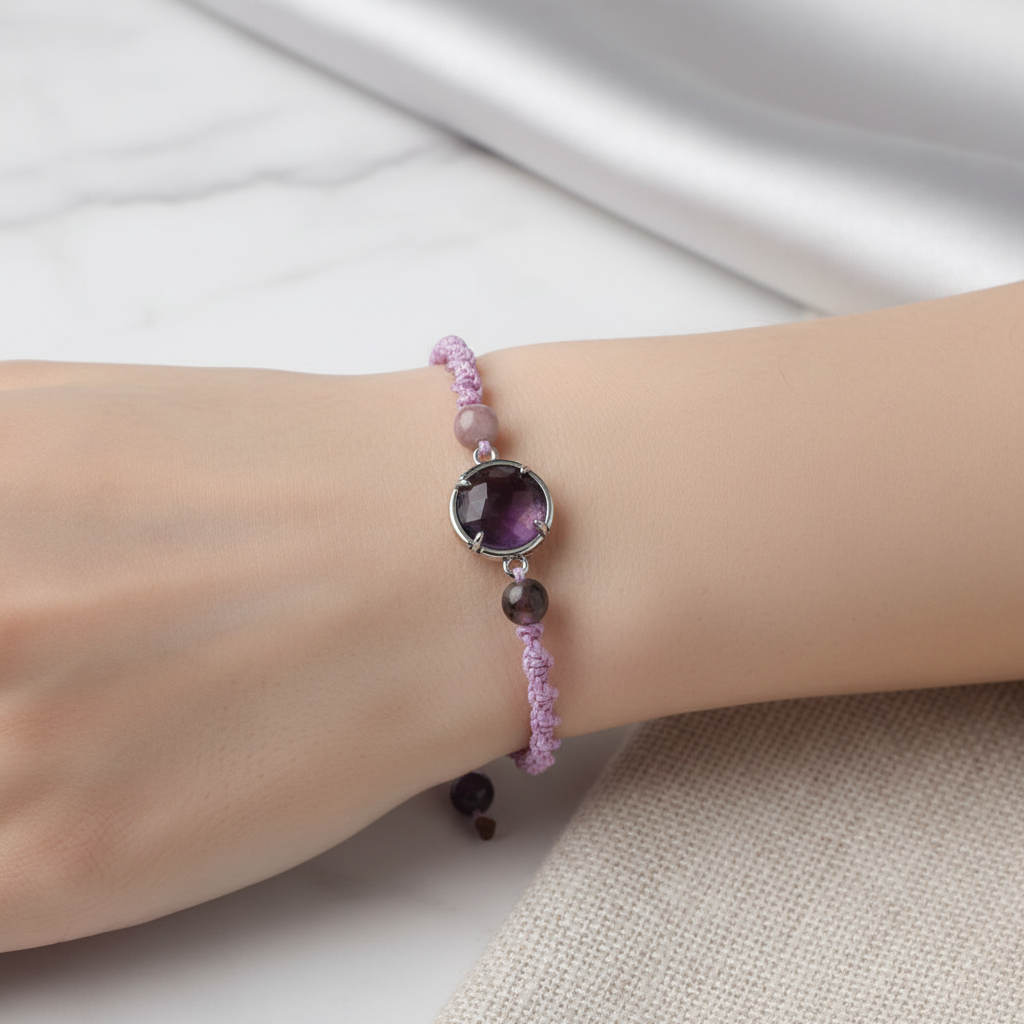 Ametist Doğal Taş Makrome Bileklik – Özel Tasarım