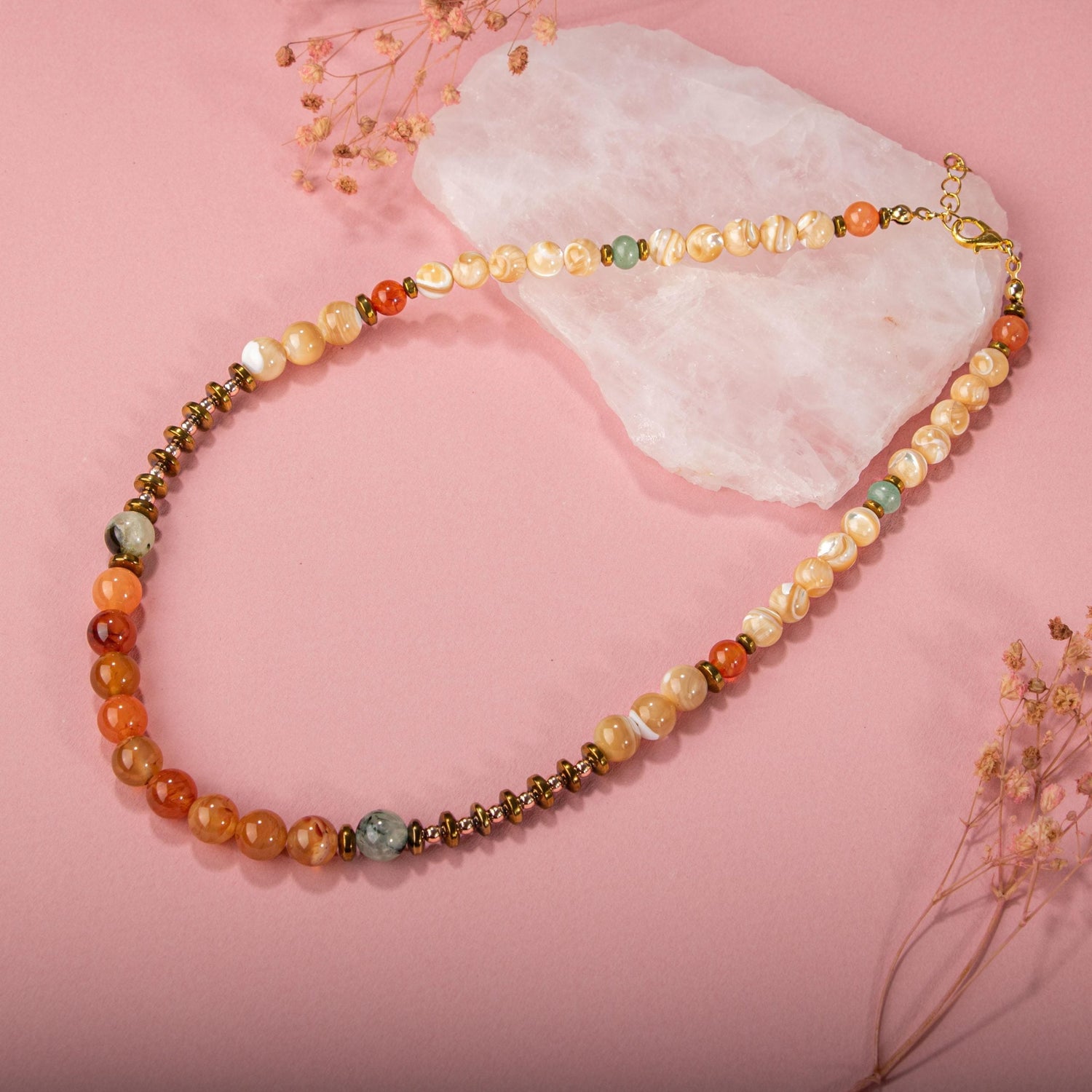 Karnelyan Akik-Turuncu Aventurin-Pehnit-Sedef-Hematit Doğal Taş Kolye