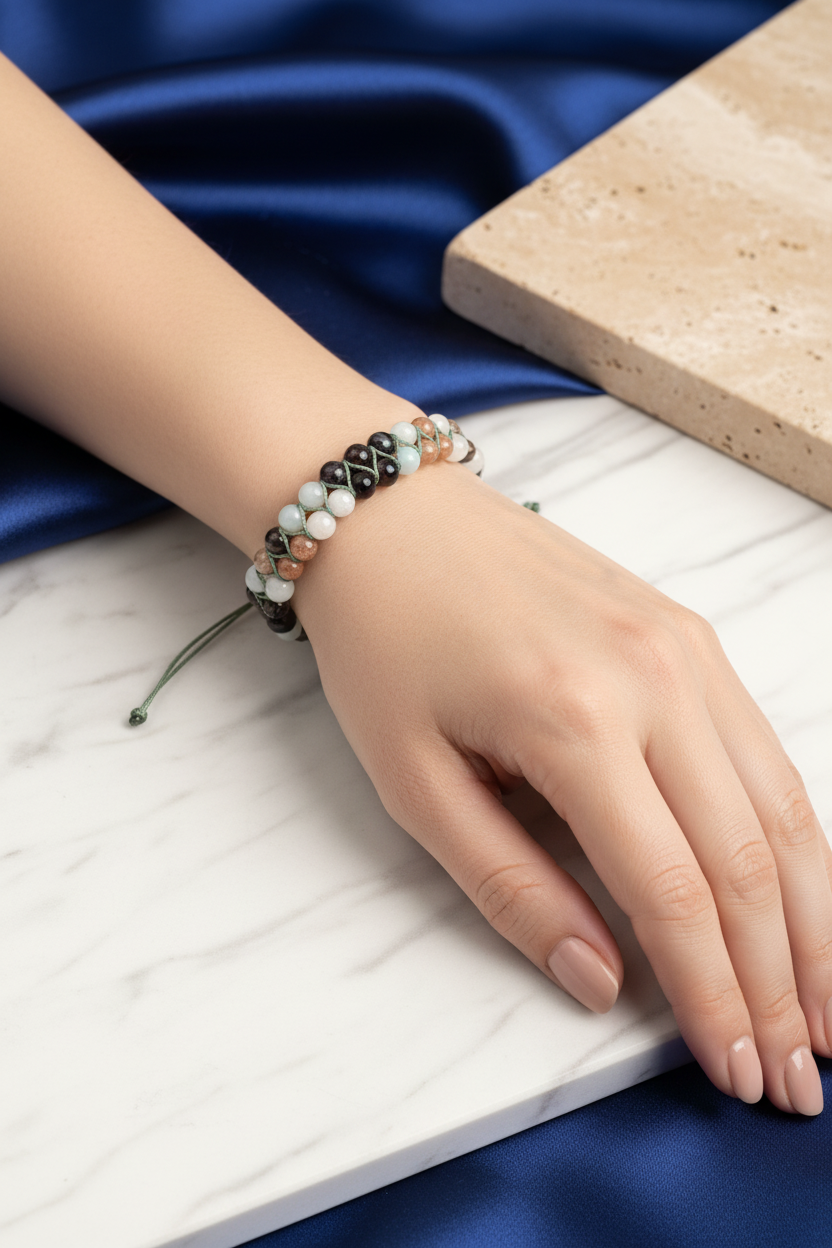 Sertifikalı Terazi Burcu Doğal Taş Çift Sıra Makrome Bileklik – 6 mm | Pirtash | Özel Üretim