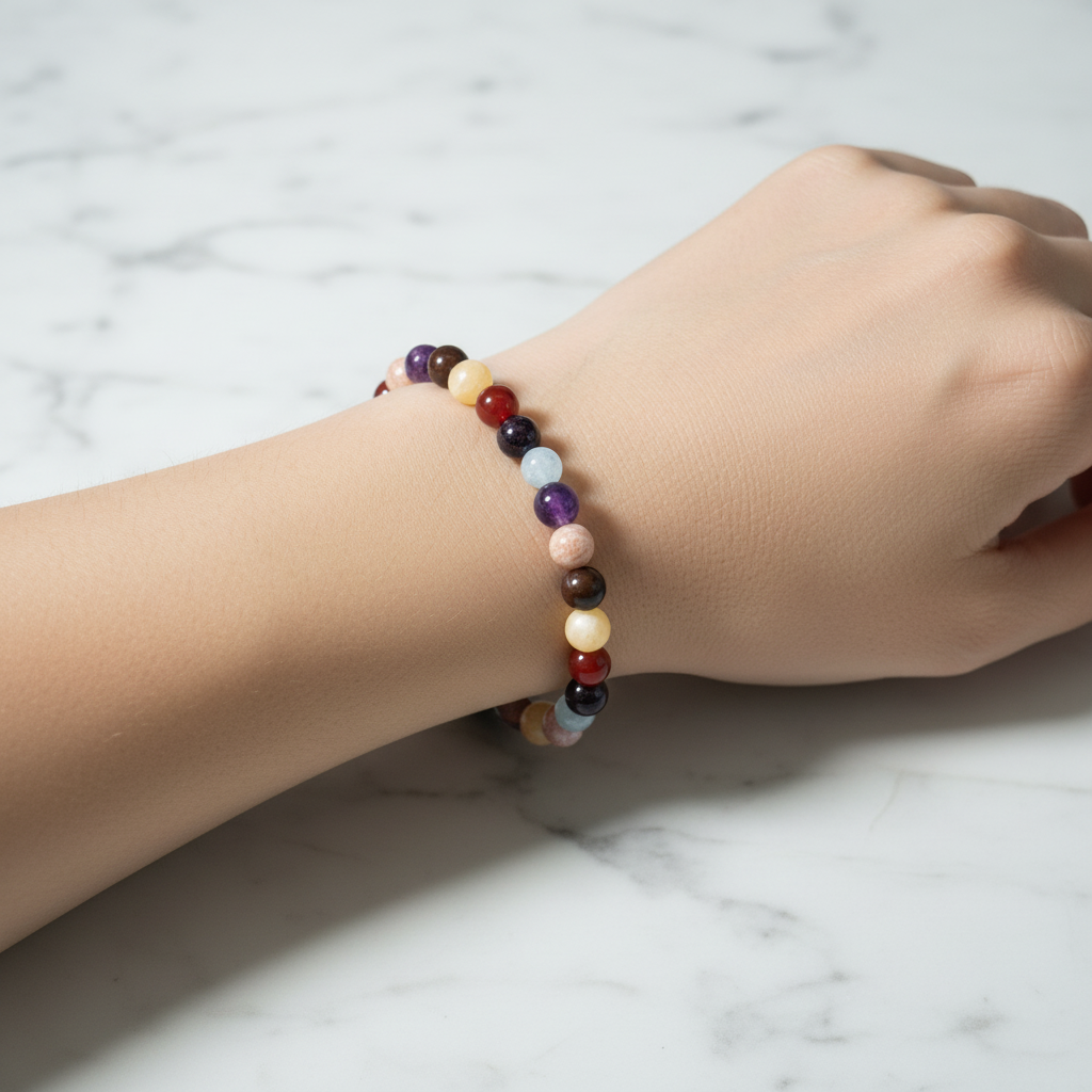 Koç Burcu Doğal Taş Bileklik – Akuamarin, Ametist, Granat Lal, Güneş Taşı, Kalsit, Kan Taşı, Kırmızı Akik & Yeşil Aventurin