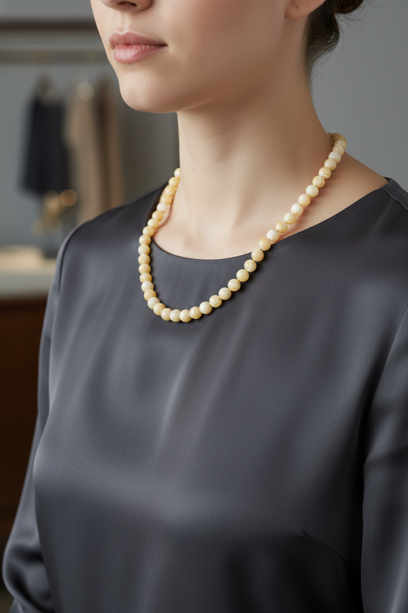 Aragonit Doğal Taş Kolye – 8 mm Düğümlü, Unisex Tasarım