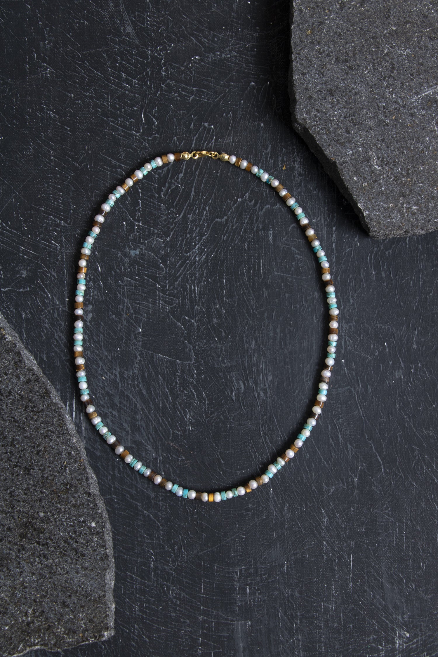 Sertifikalı İnci Kaplan Gözü Turkuaz Gümüş Kapama Doğal Taş Kolye