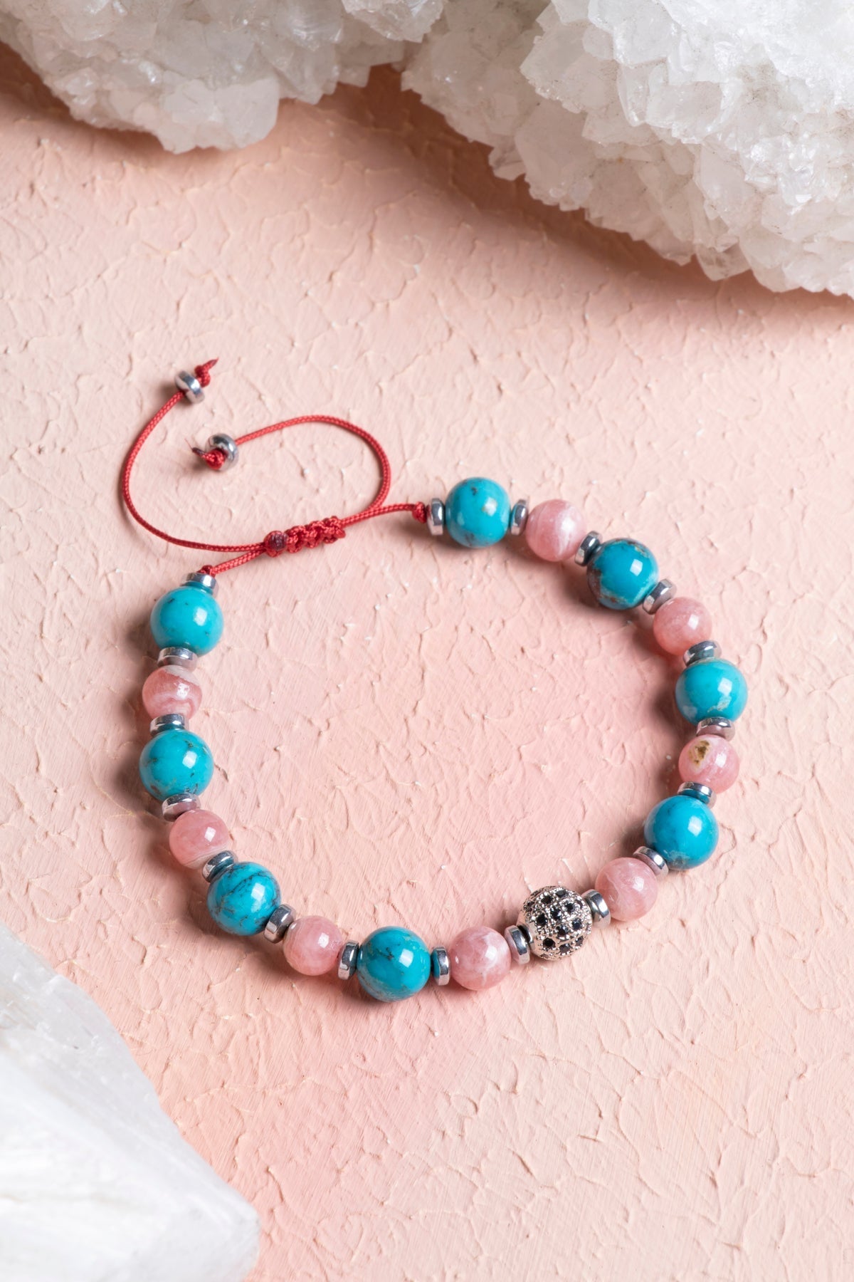 Sertifikalı Turkuaz, Rodokrosit Doğal Taş Makrome Bileklik