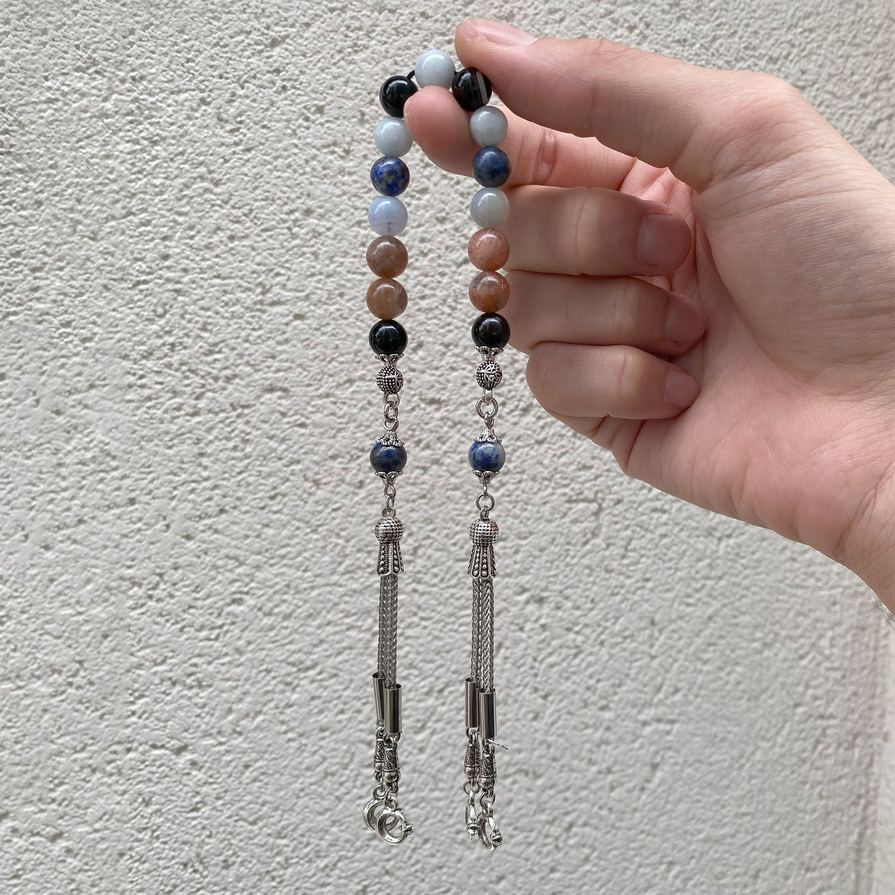 Terazi Burcu Zaza Tesbih Doğal Taş Akuamarin, Güneş Taşı, Kalsedon, Lapis Lazuli, Siyah Göz Akik