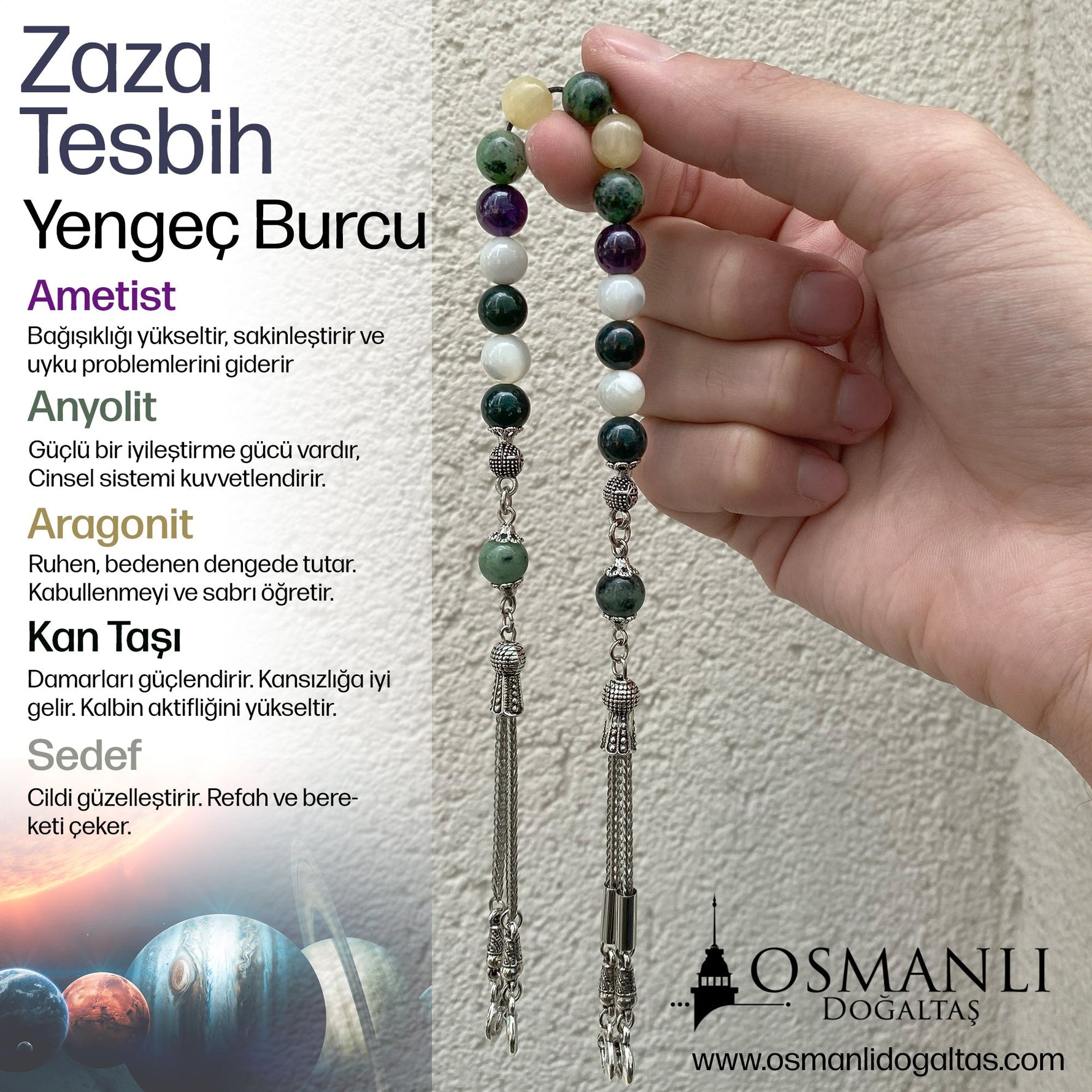 Yengeç Burcu Zaza Tesbih Doğal Taş Ametist, Anyolit, Aragonit, Kan Taşı, Sedef