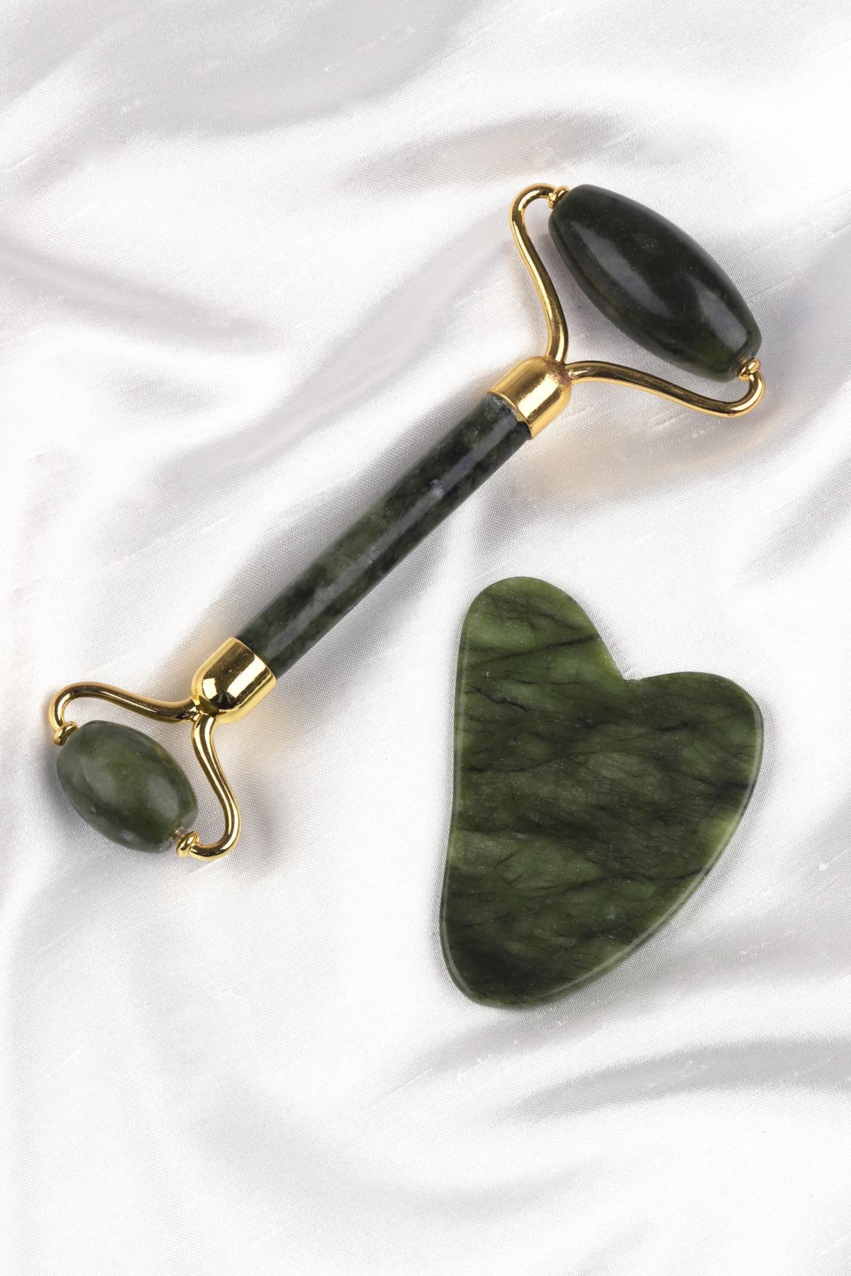 Sertifikalı Yeşim (Serpantin) Doğal Taş 2’li Özel Kutulu Set – Face Roller + Gua Sha Masaj Taşı | Pirtash | Özel Üretim