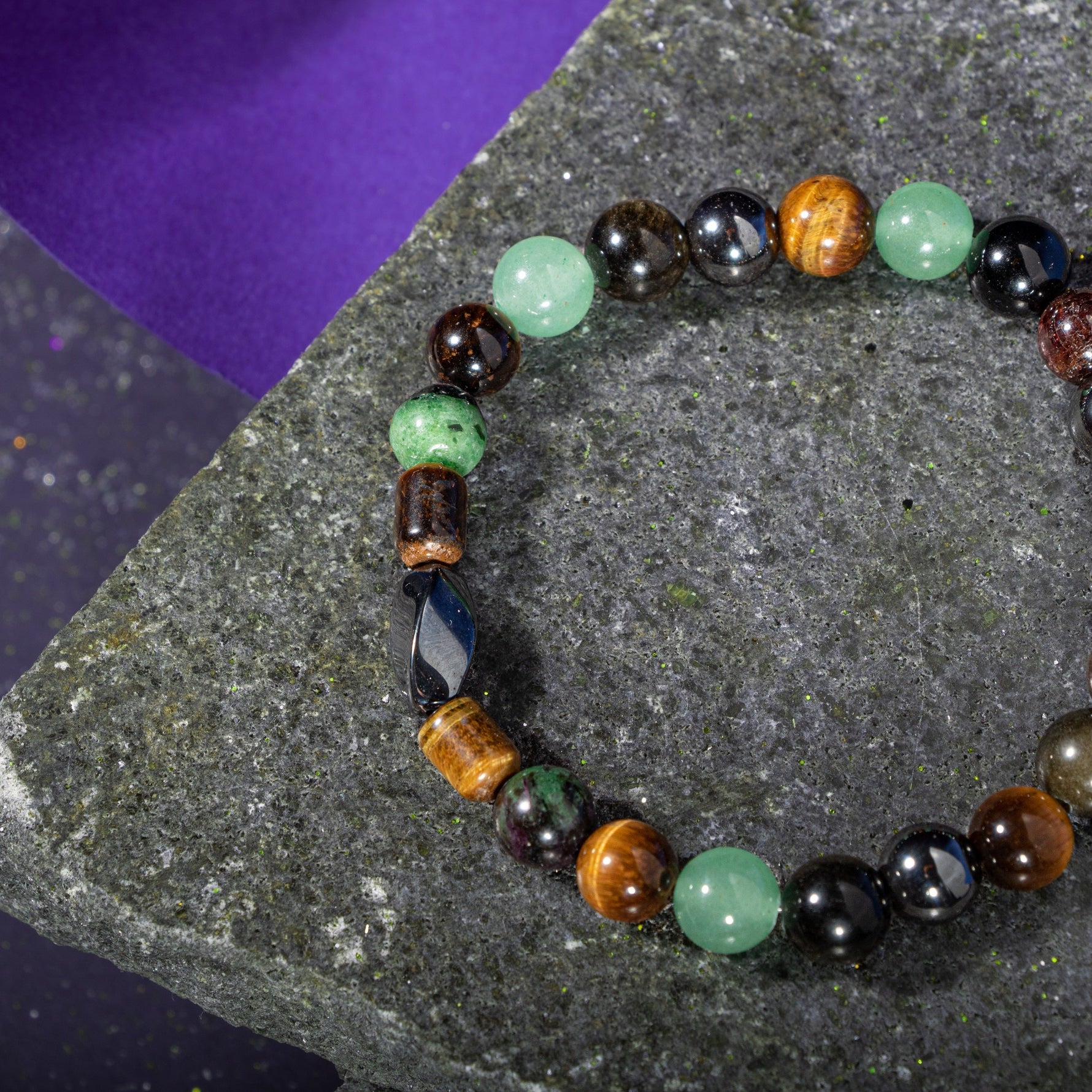 Yengeç Burcu Bileklik Anyolit, Golden Obsidyen, Kaplan Gözü, Yeşil Aventurin