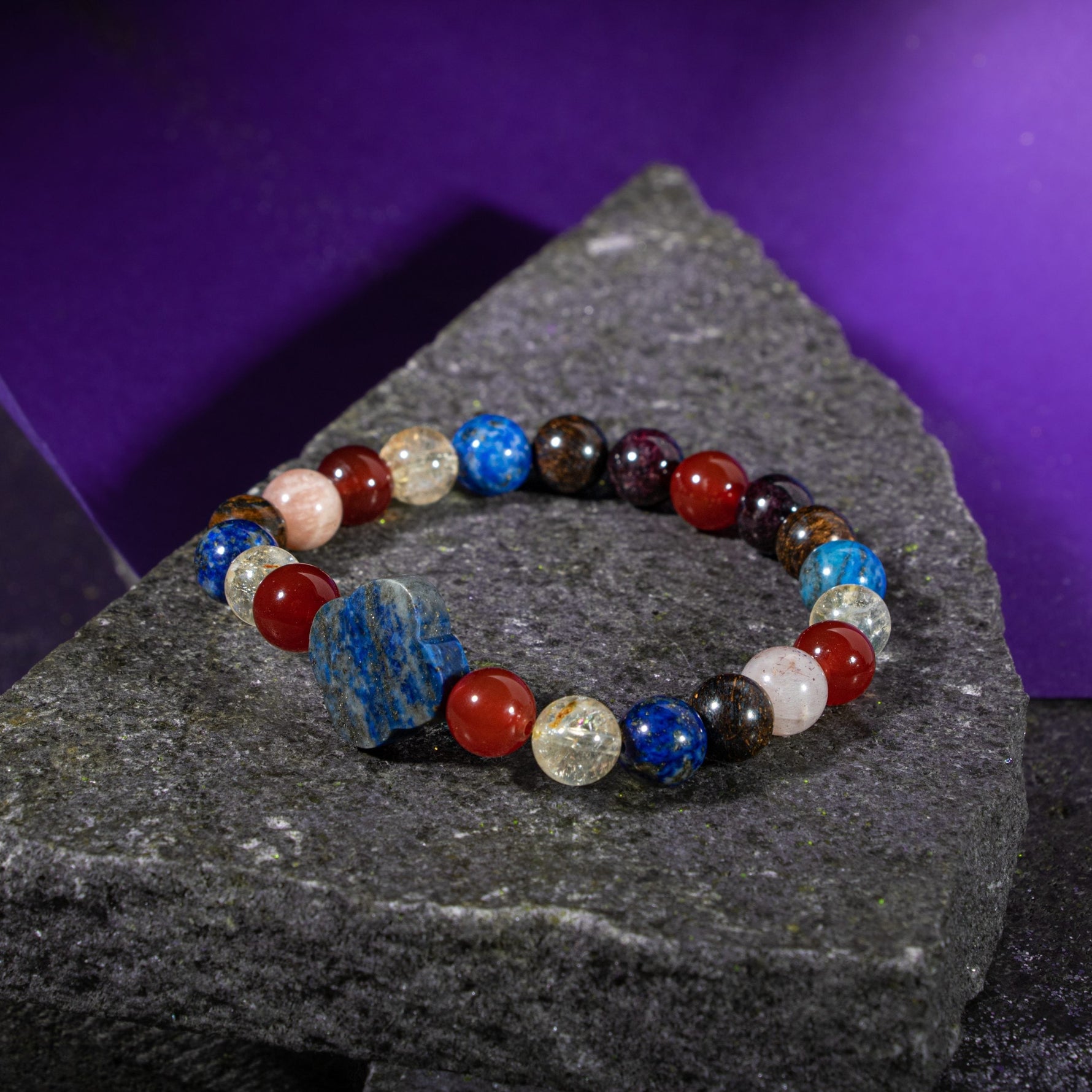 Aslan Burcu Bileklik Bordo Granat Lal, Bronzit, Güneş Taşı, Kırmızı Akik, Lapis Lazuli, Sitrin