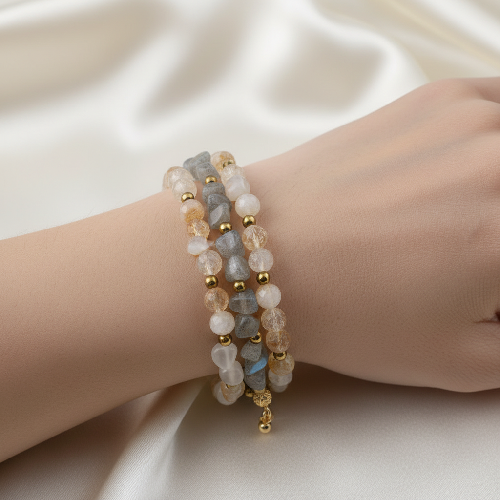 Labradorit-Sitrin-Ay Taşı Altın Kaplama Kapama Doğal Taş Bileklik