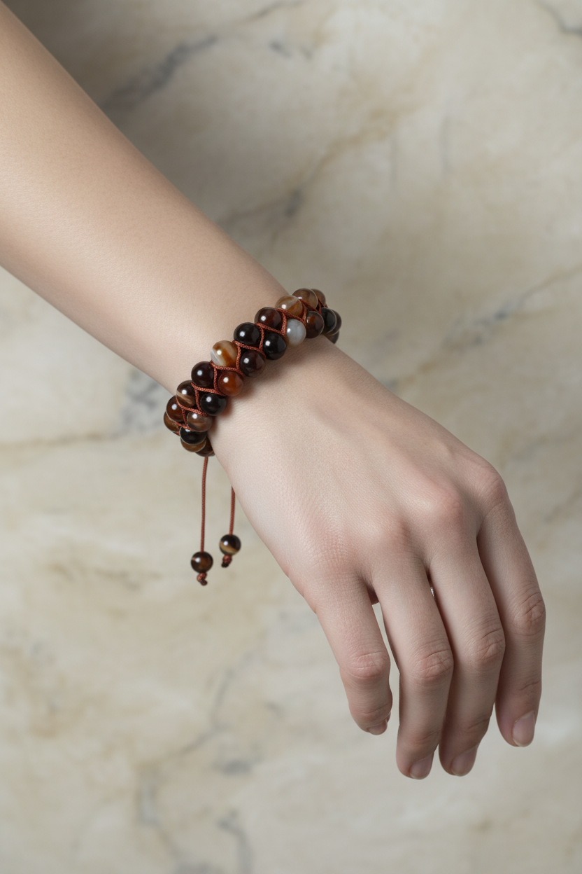 Kahve Göz Akik 8mm Çift Sıra Makrome Doğal Taş Bileklik