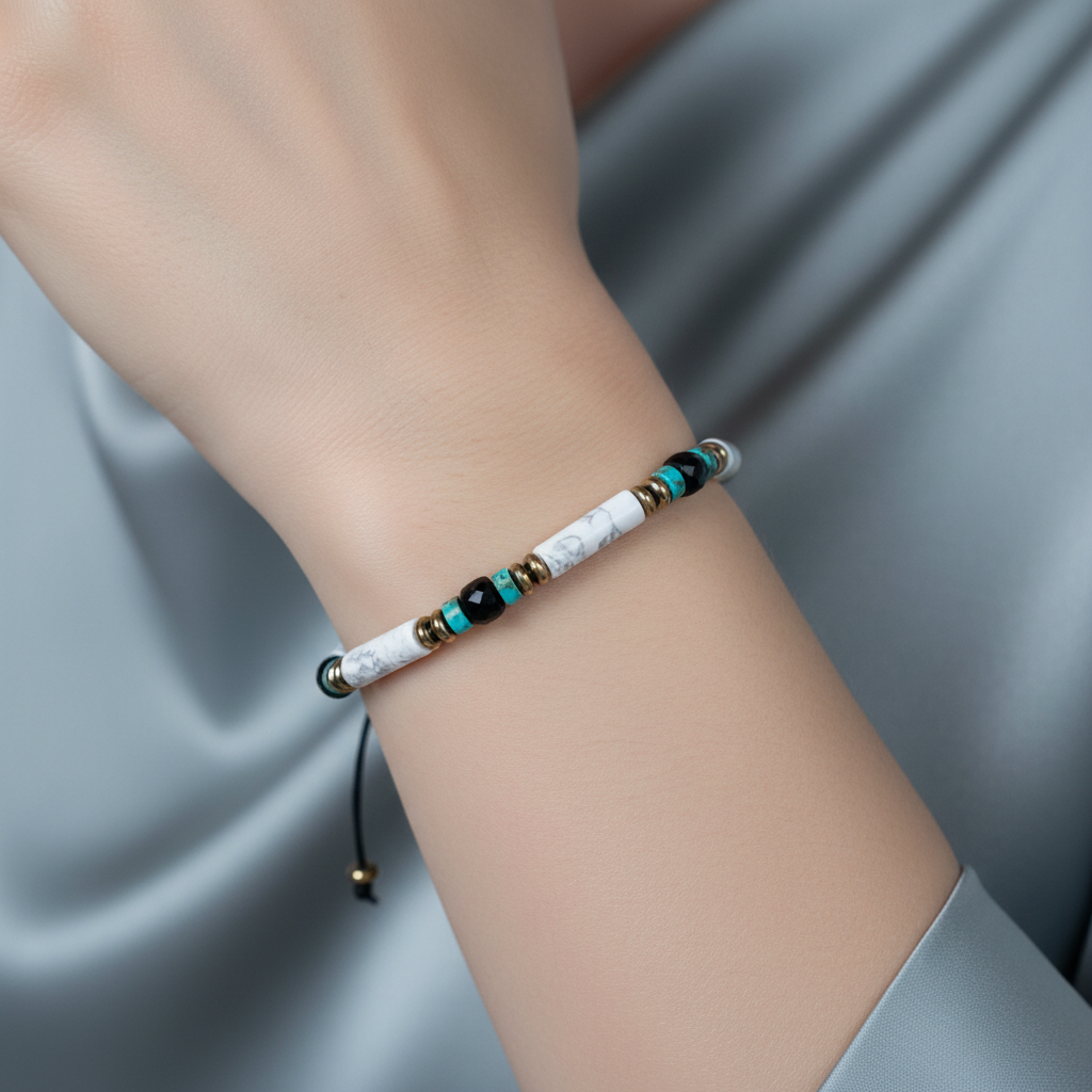 Obsidyen, Havlit, Turkuaz Doğal Taş Makrome Bileklik