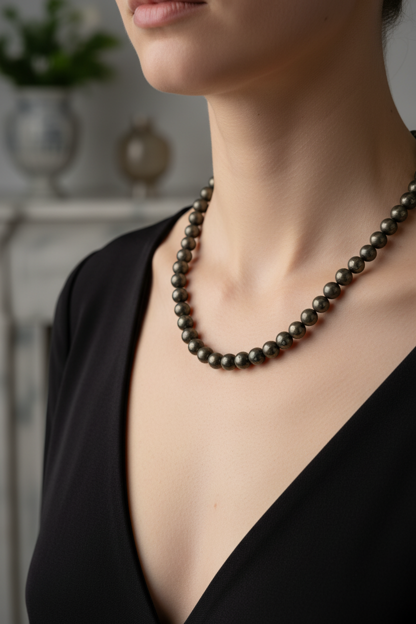 Pirit Doğal Taş Kolye – 8 mm Düğümlü, Unisex Tasarım