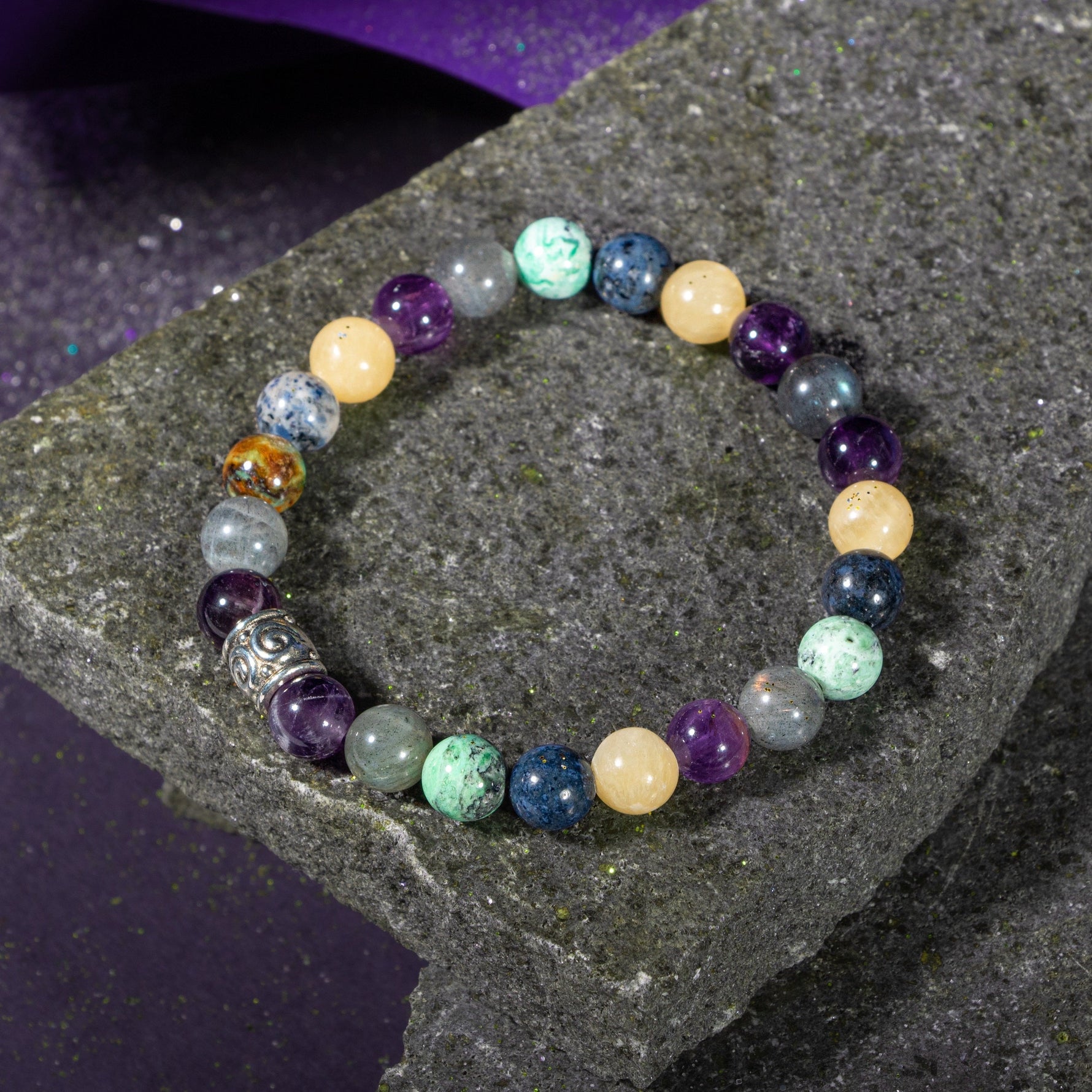 Yay Burcu Bileklik Ametist, Dumortierit, İspanyol Varisit, Kalsit, Labradorit