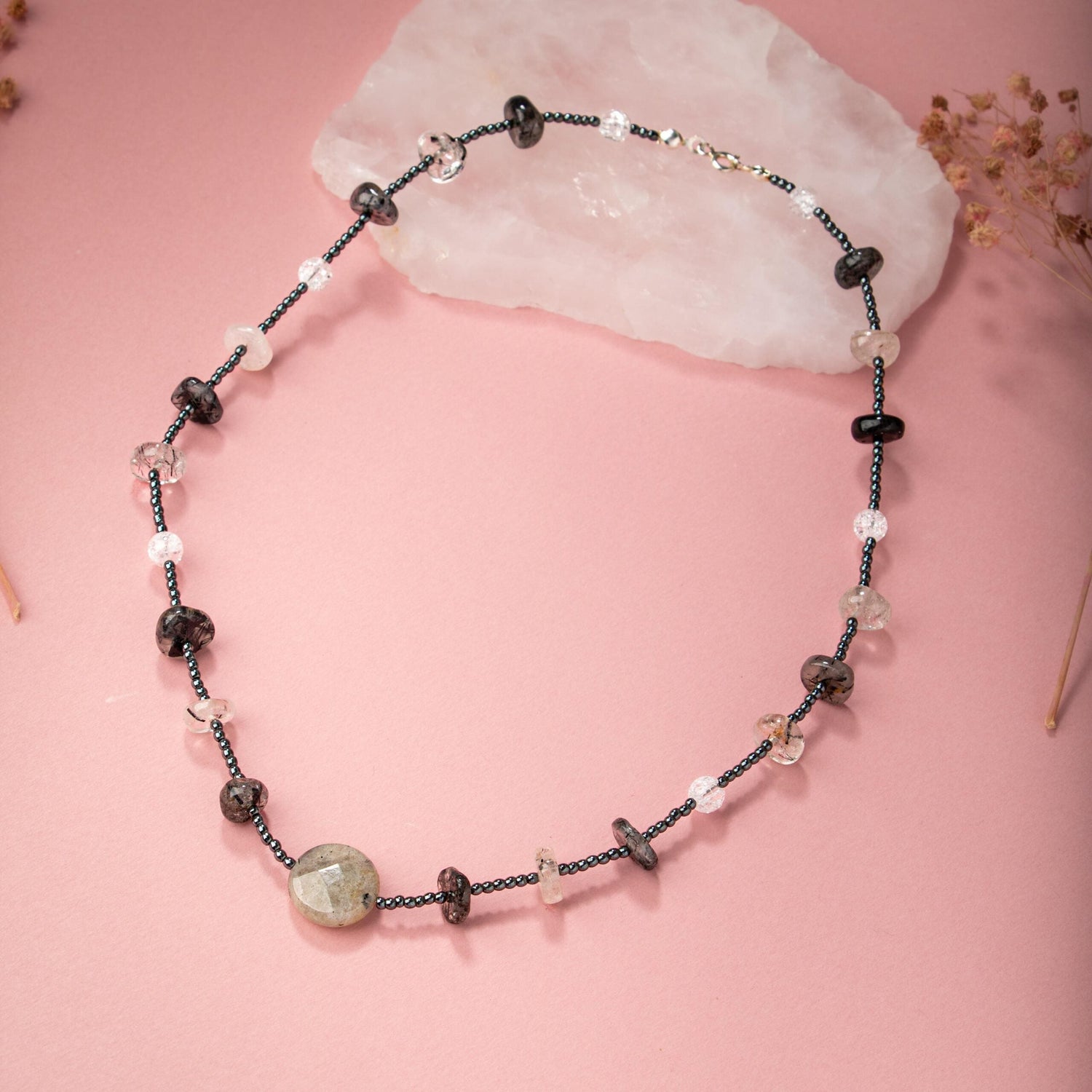 Labradorit-Necef-Rutilli Kuvars-Hematit Doğal Taş Kolye