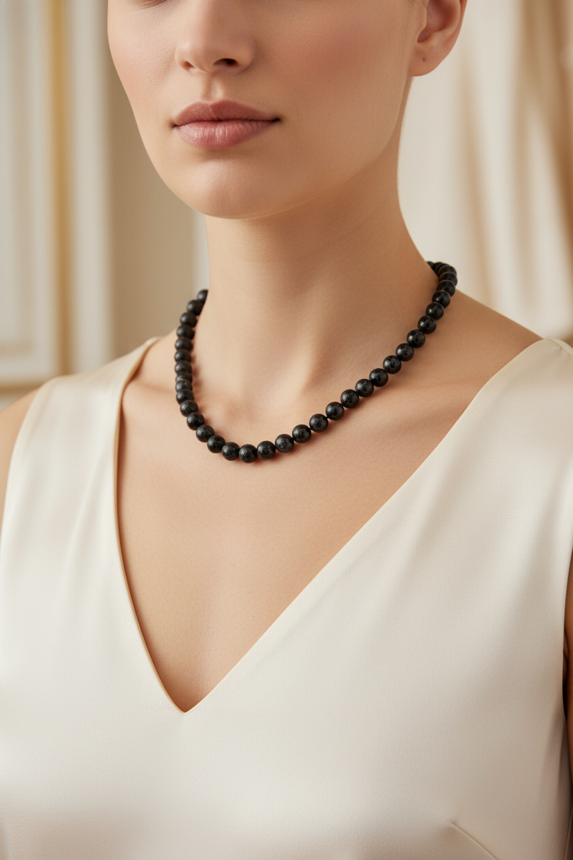 Nuummite 8 mm Düğümlü Doğal Taş Kolye – Özel Tasarım