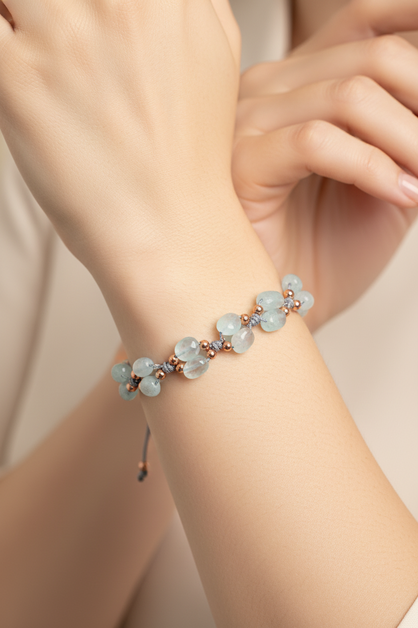 Sertifikalı Akuamarin Doğal Taş Üçlü Naturel Kesim Makrome Bileklik | Pirtash | Özel Üretim