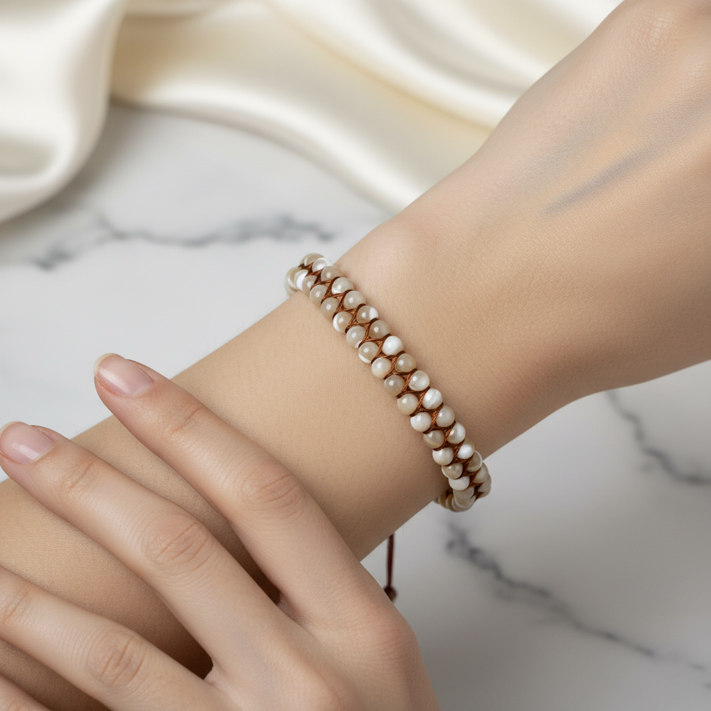 Sedef 4 mm Çift Sıra Doğal Taş Makrome Bileklik – Unisex El İşçiliği