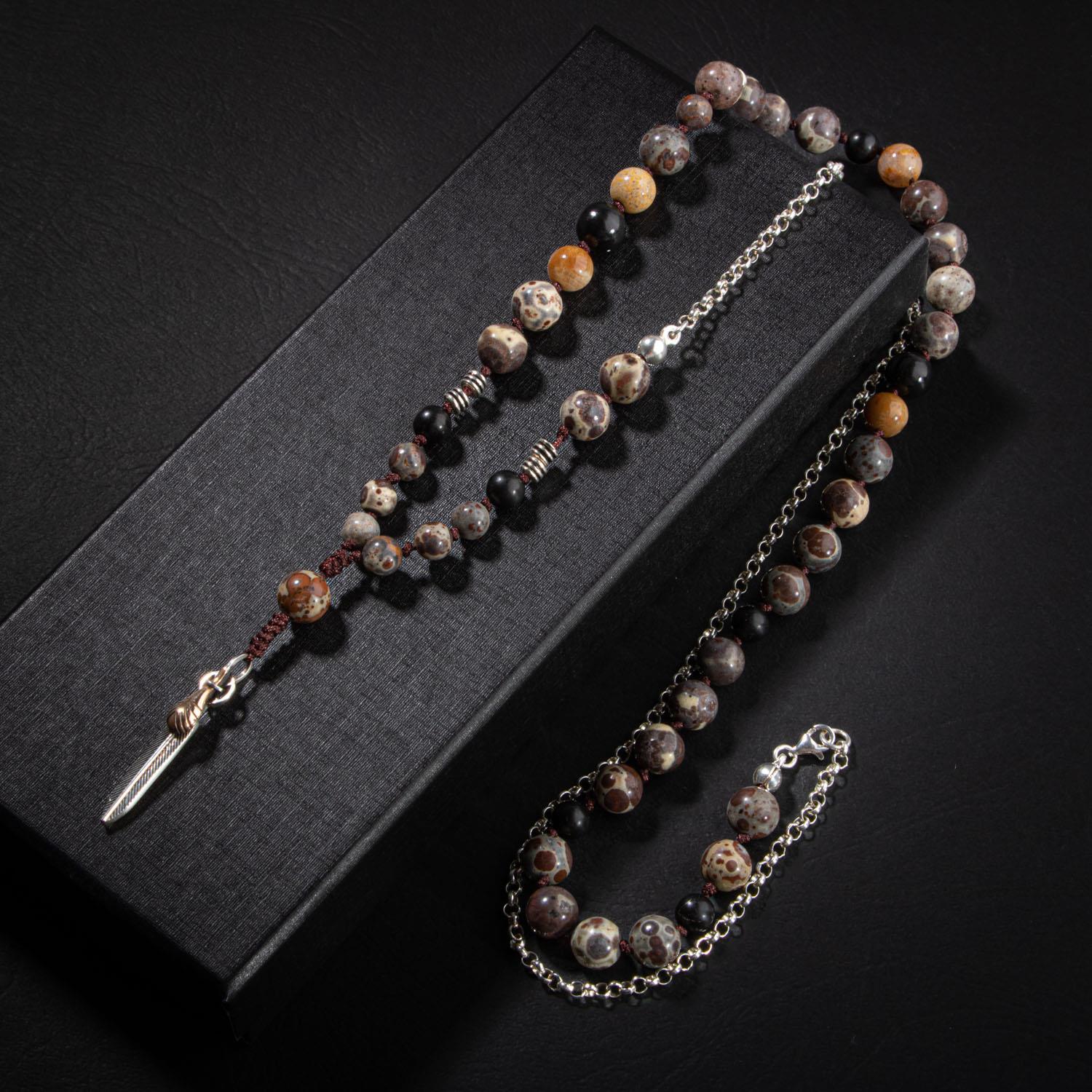 Erkek Kolyesi Fosil Mercan-Şungit-Meksika Jasper-Hematit Doğal Taş Gümüş Tasarım Kolye