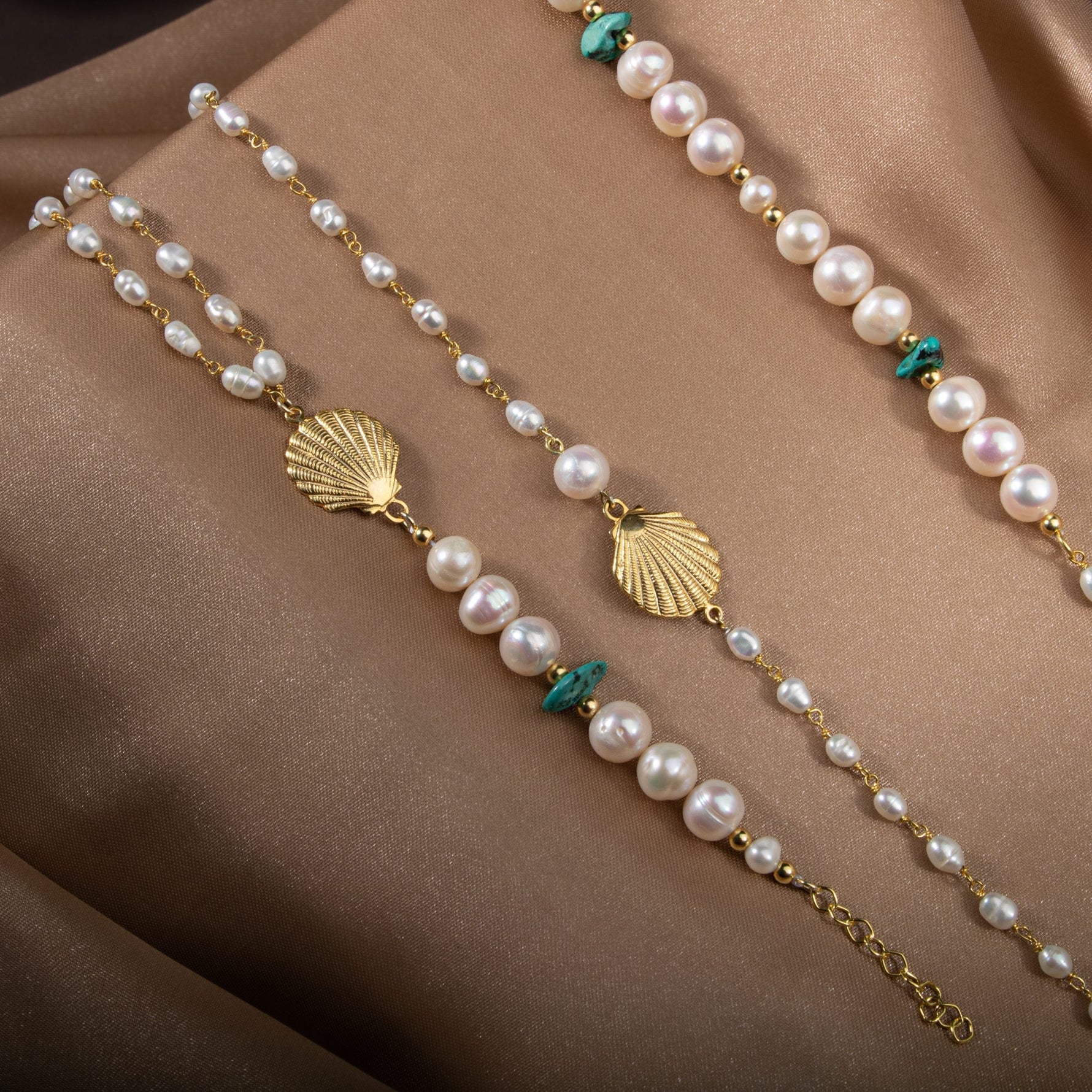 İnci-Turkuaz Altın Kaplama Kapama Doğal Taş Takı Seti