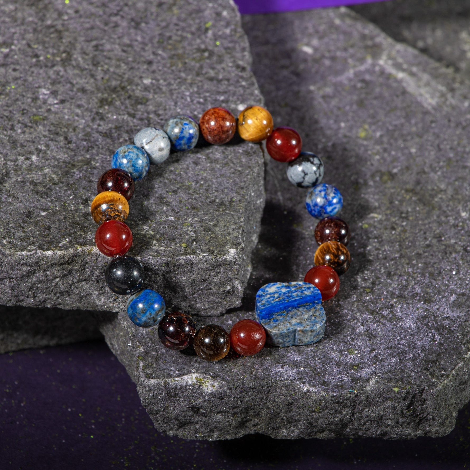 Oğlak Burcu Bileklik Bordo Granat Lal, Kaplan Gözü, Karlı Obsidyen, Kırmızı Akik, Lapis Lazuli