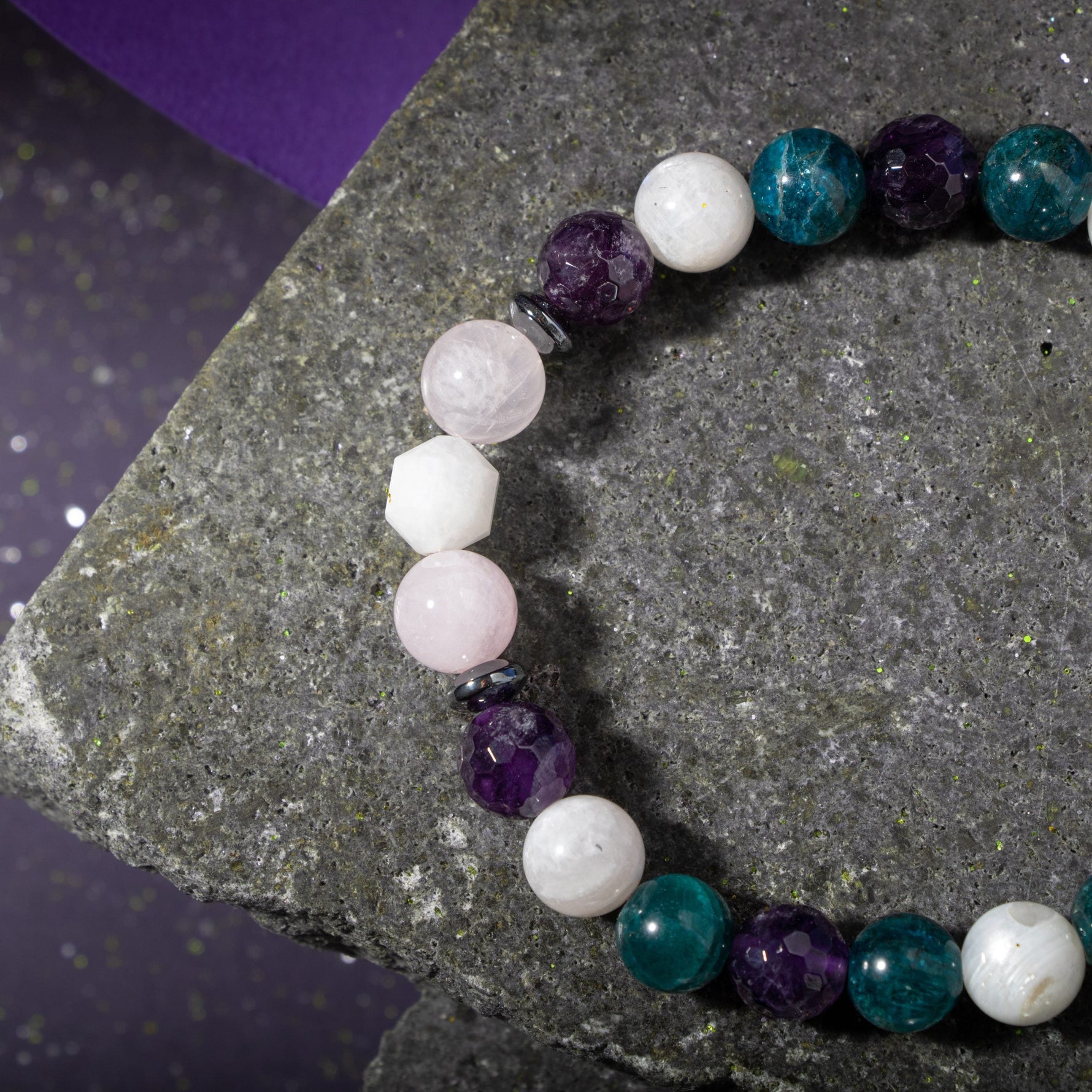 Balık Burcu Bileklik Ametist, Ay Taşı, Mavi Apatit, Pembe Kuvars, Selenit