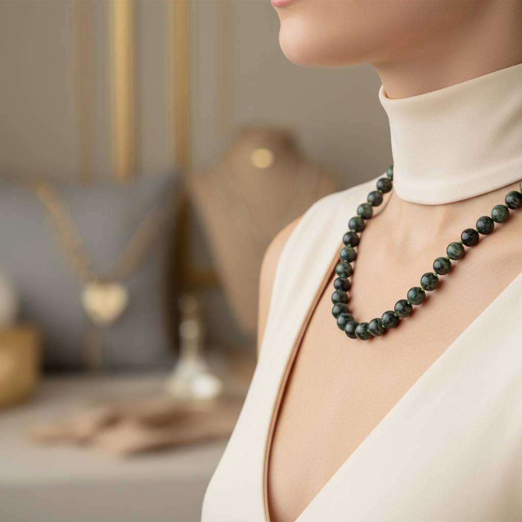 Yosunlu Akik Doğal Taş Kolye – 8 mm Düğümlü, Unisex Tasarım