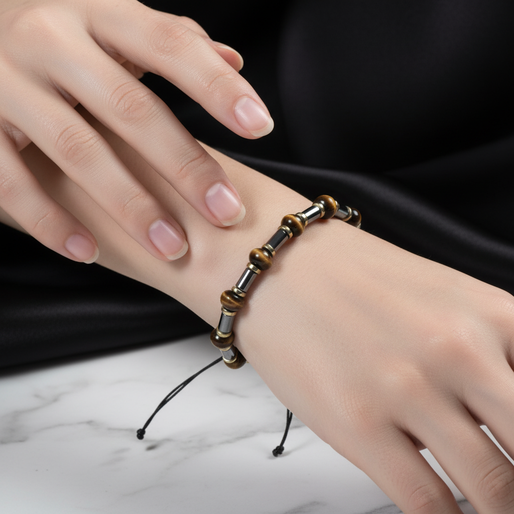 Kaplan Gözü ve Hematit Doğal Taş Bileklik – Unisex Şık Tasarım