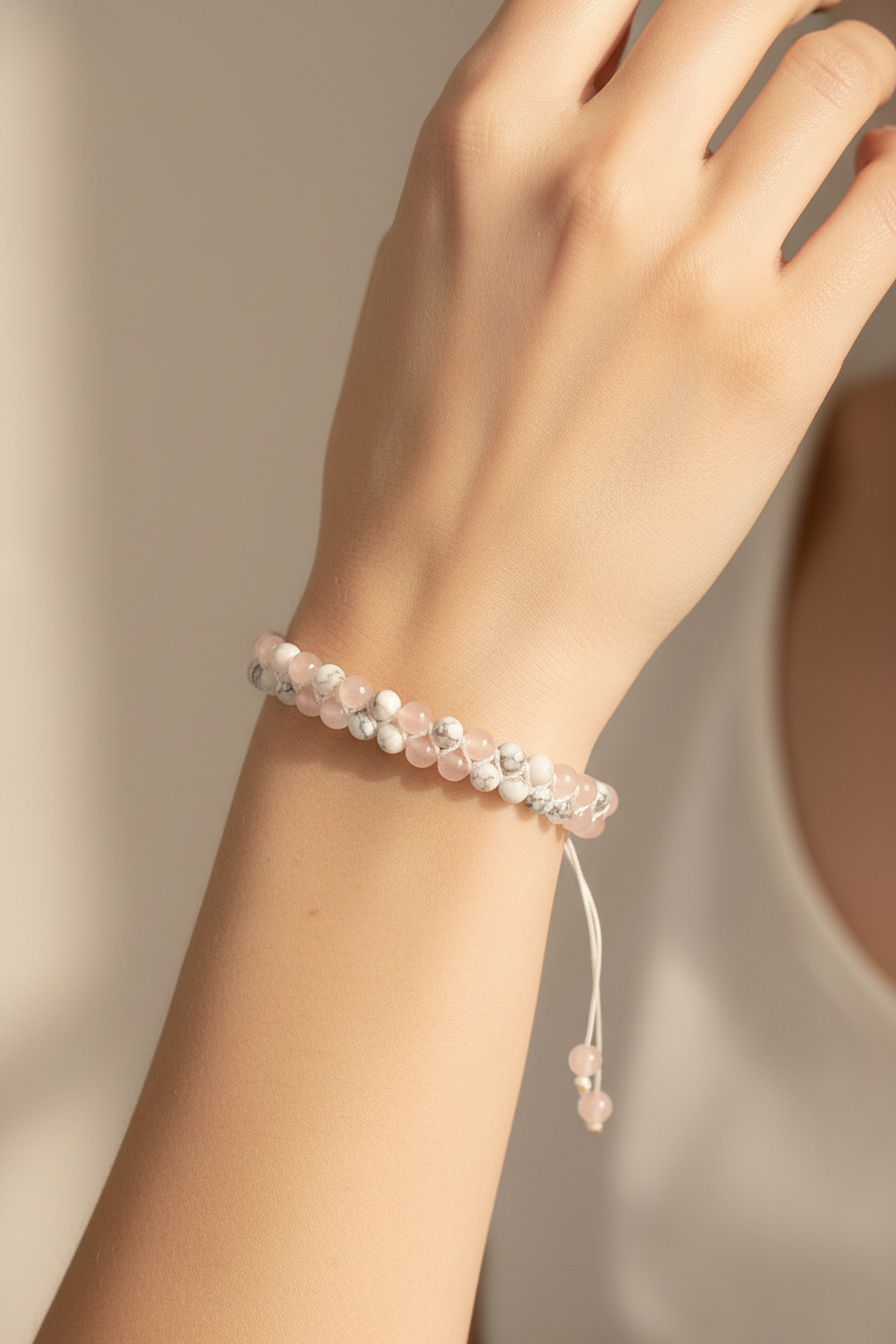 Sertifikalı Pembe Kuvars & Havlit Doğal Taş Çift Sıra Makrome Bileklik – 4 mm | Pirtash | Özel Üretim